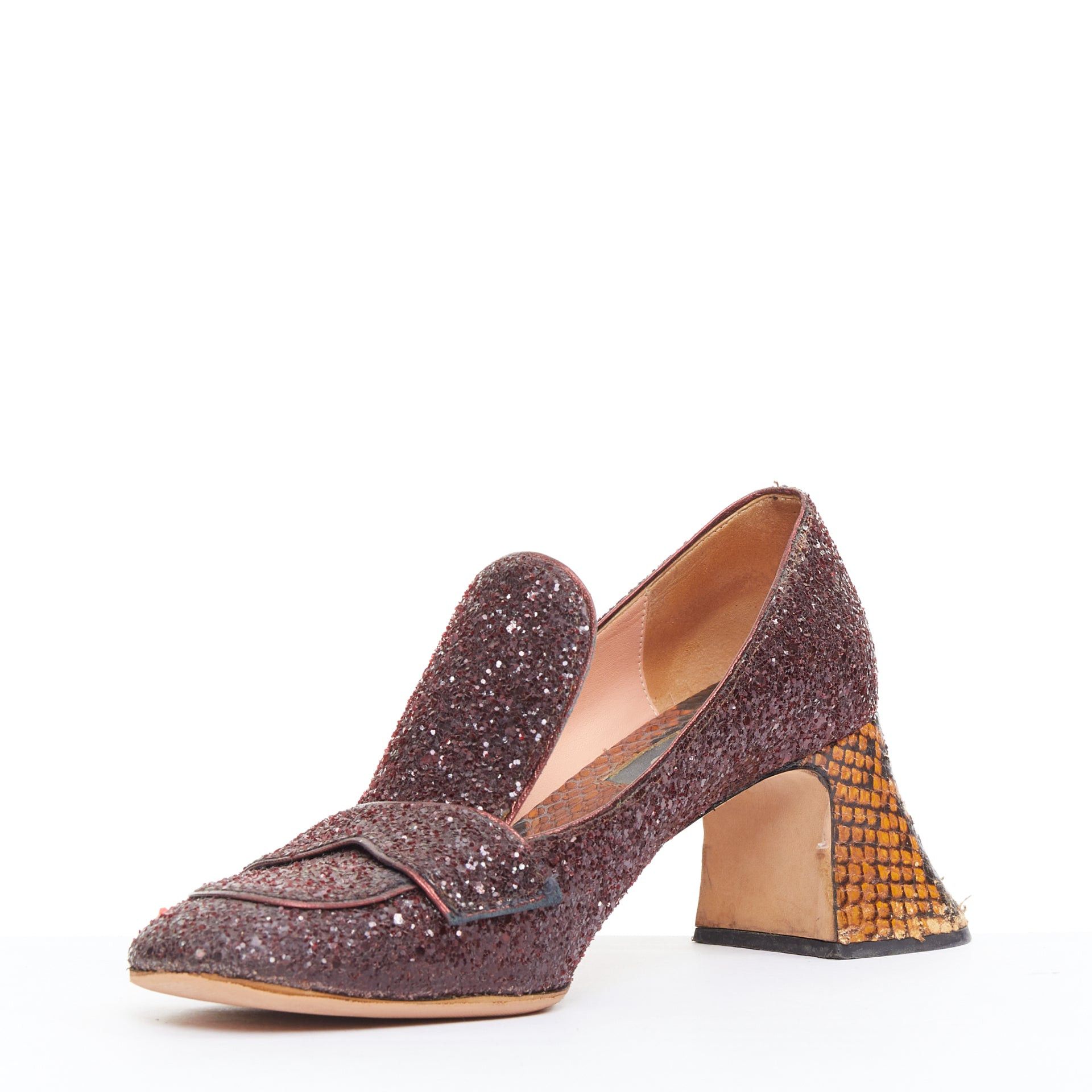 Rochas ROCHAS burgundy glitter brown scaled leather sculpted heel loafers EU36 Size US 6 / IT 36 - 4 Thumbnail