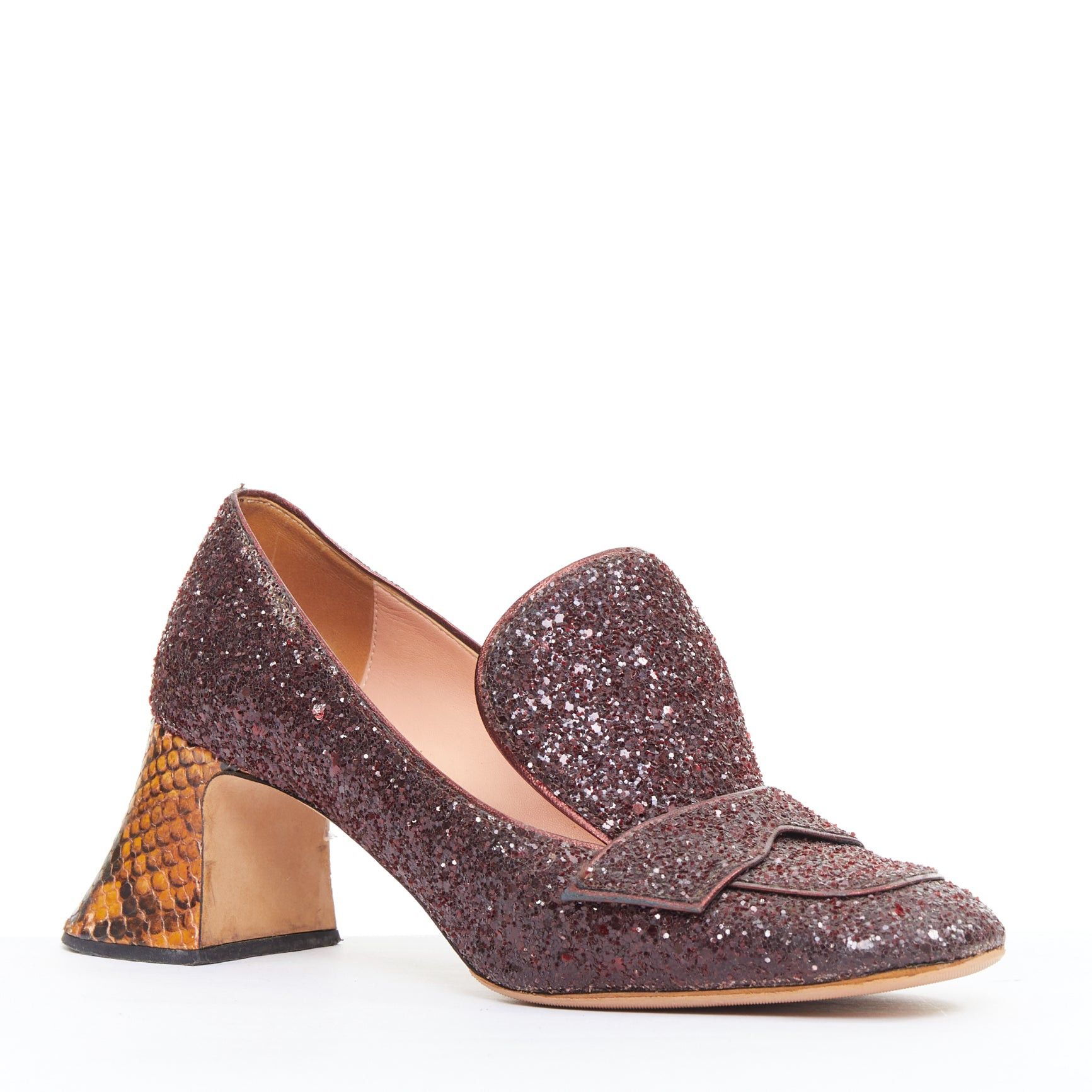Rochas ROCHAS burgundy glitter brown scaled leather sculpted heel loafers EU36 Size US 6 / IT 36 - 2 Thumbnail