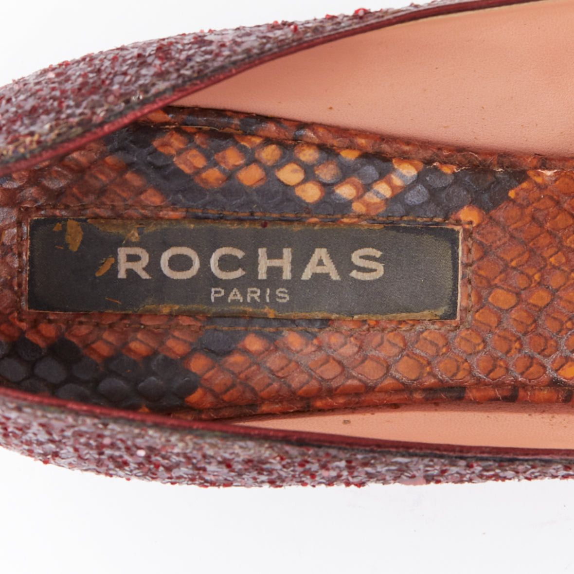 Rochas ROCHAS burgundy glitter brown scaled leather sculpted heel loafers EU36 Size US 6 / IT 36 - 9 Thumbnail