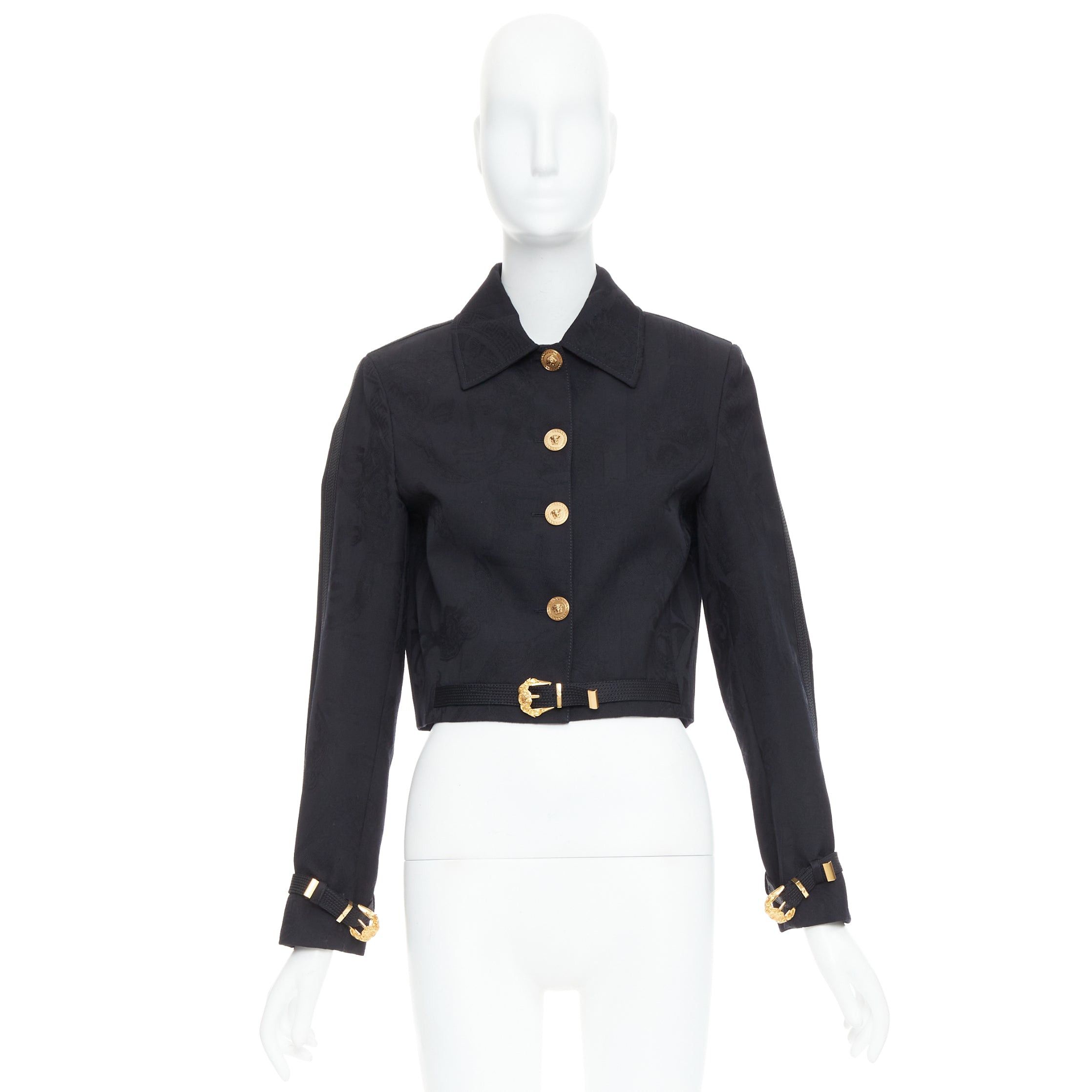 Versace rare VERSACE blacl wool Medusa jacquard barocco gold buckle cropped jacket IT38 XS Size XS / US 0-2 / IT 36-38 - 10 Thumbnail