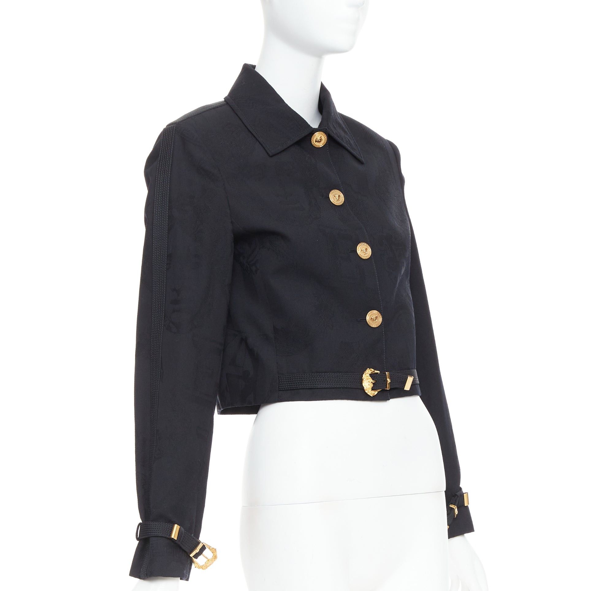 Versace rare VERSACE blacl wool Medusa jacquard barocco gold buckle cropped jacket IT38 XS Size XS / US 0-2 / IT 36-38 - 4 Thumbnail