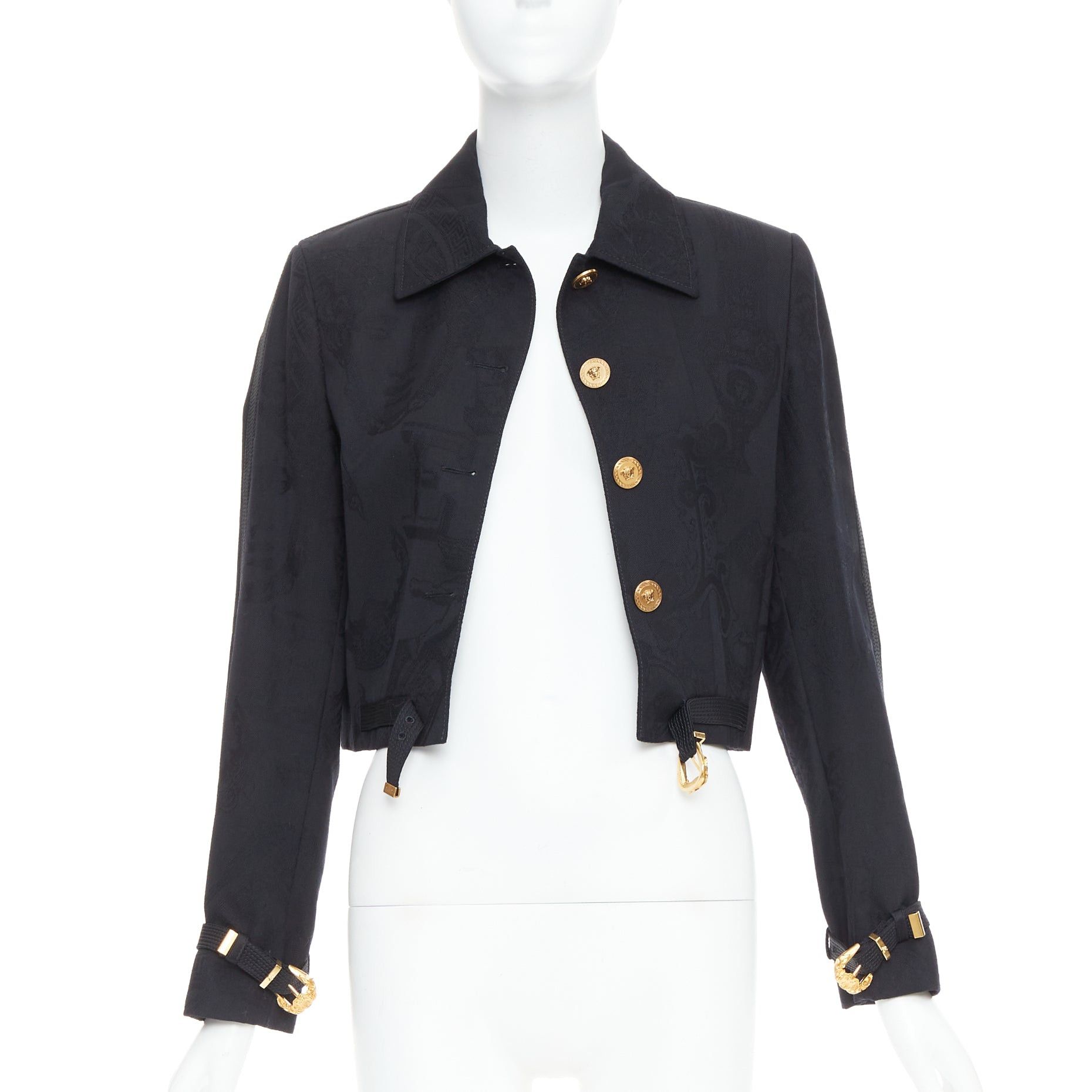 Versace rare VERSACE blacl wool Medusa jacquard barocco gold buckle cropped jacket IT38 XS Size XS / US 0-2 / IT 36-38 - 3 Thumbnail