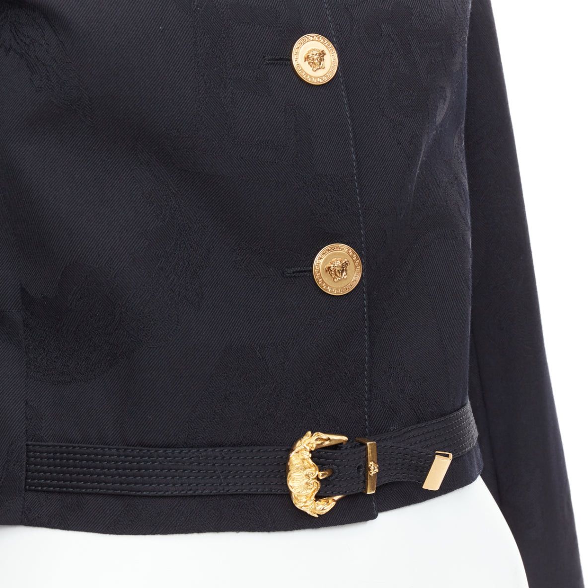 Versace rare VERSACE blacl wool Medusa jacquard barocco gold buckle cropped jacket IT38 XS Size XS / US 0-2 / IT 36-38 - 2 Thumbnail