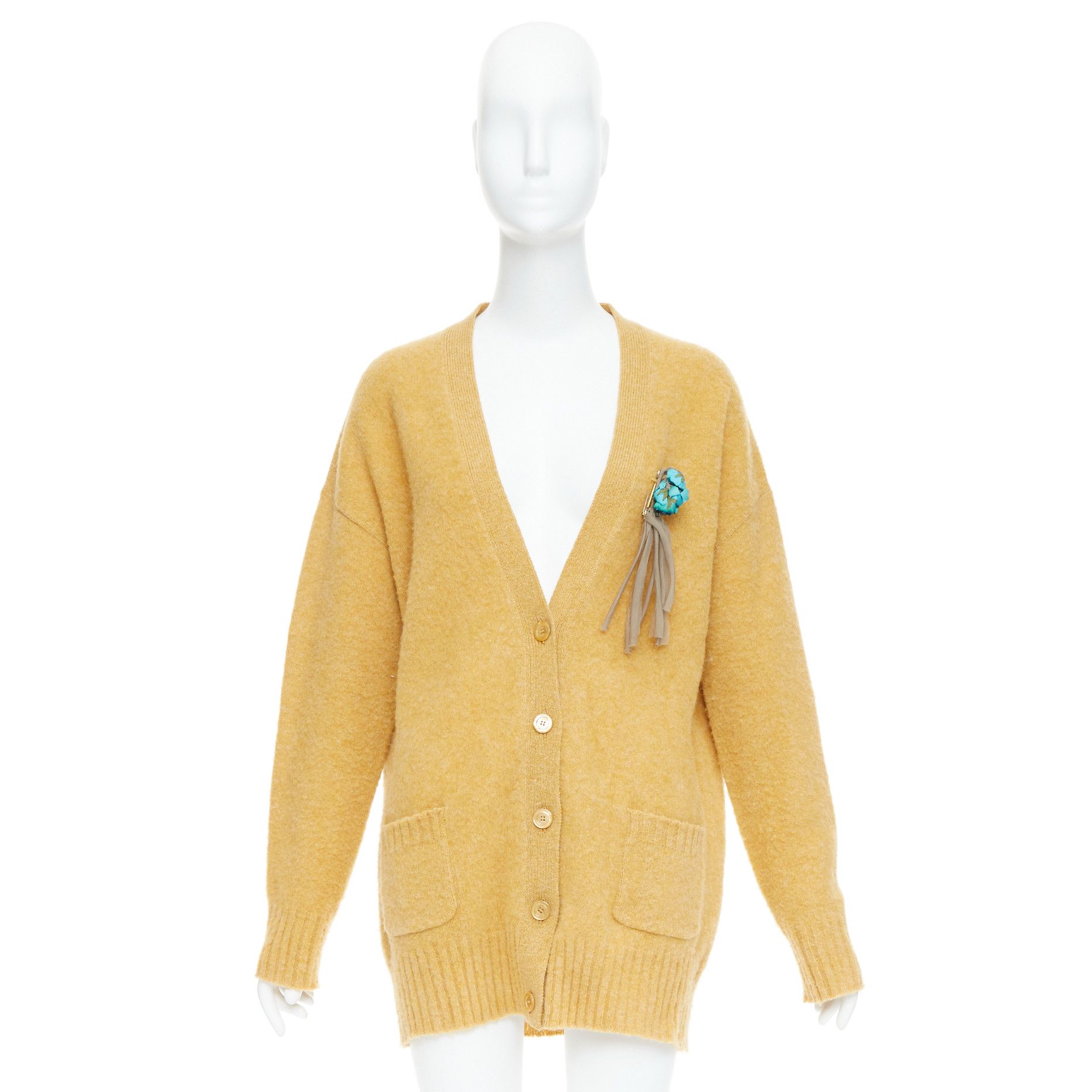 Gucci GUCCI 2020 100% wool yellow blue floral brooch oversized cardigan M Size M / US 6-8 / IT 42-44 - 10 Thumbnail