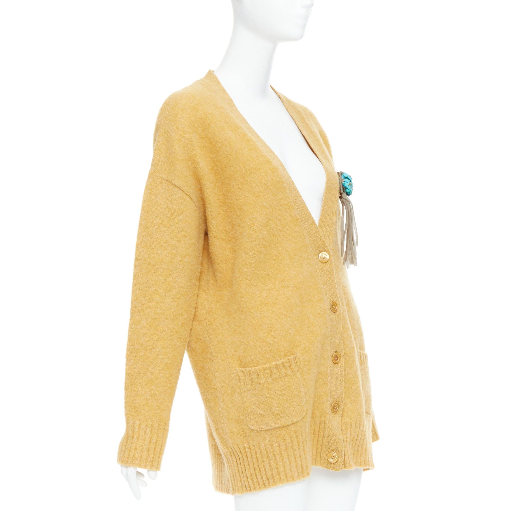 Gucci GUCCI 2020 100% wool yellow blue floral brooch oversized cardigan M Size M / US 6-8 / IT 42-44 - 4 Thumbnail