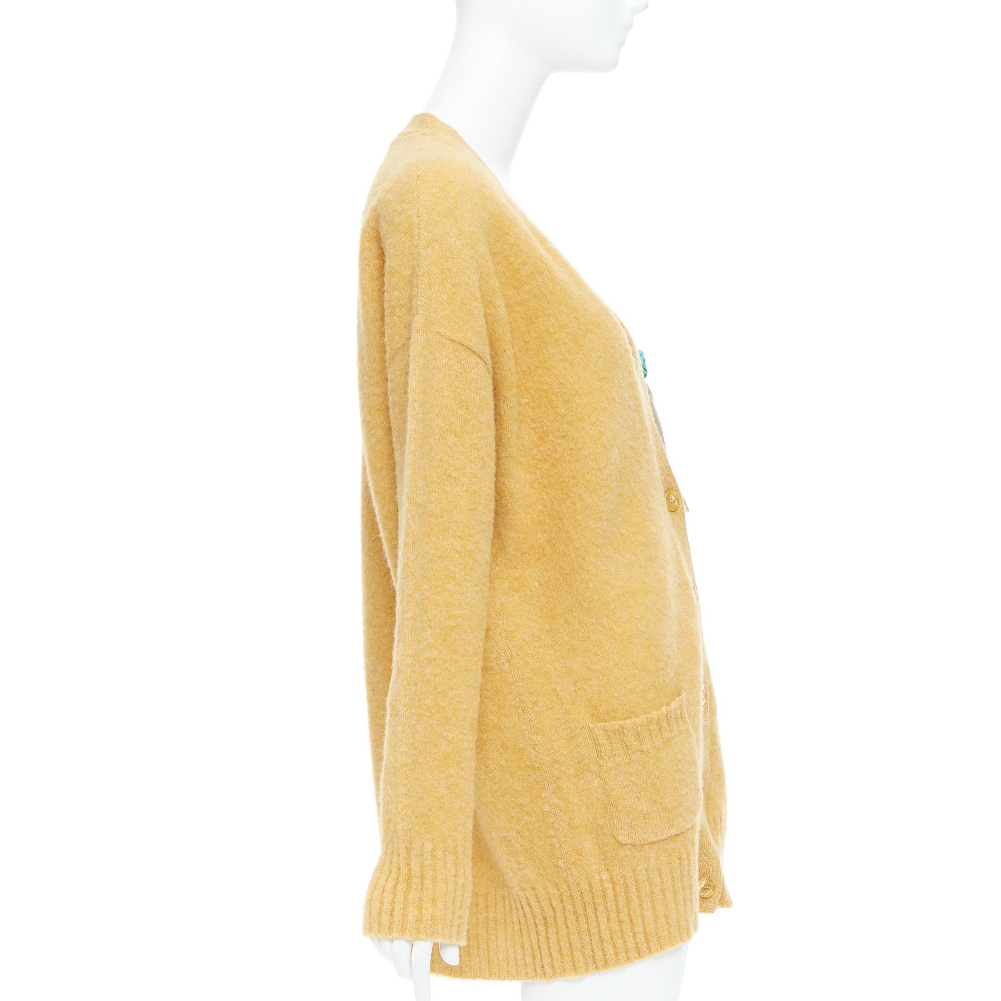 Gucci GUCCI 2020 100% wool yellow blue floral brooch oversized cardigan M Size M / US 6-8 / IT 42-44 - 5 Thumbnail