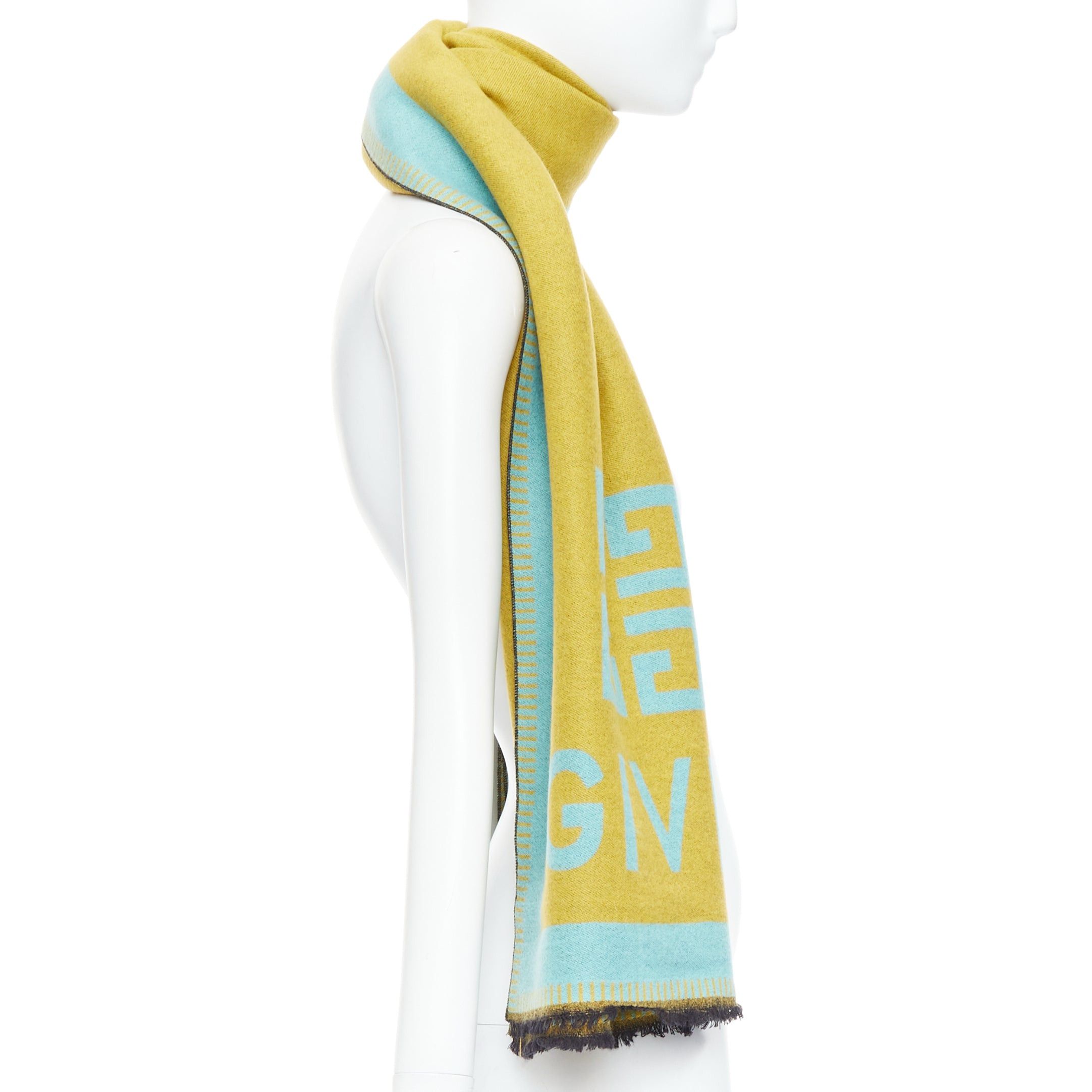 Givenchy GIVENCHY mustard mint green wooly black fringe big logo long scarf Size ONE SIZE - 4 Thumbnail
