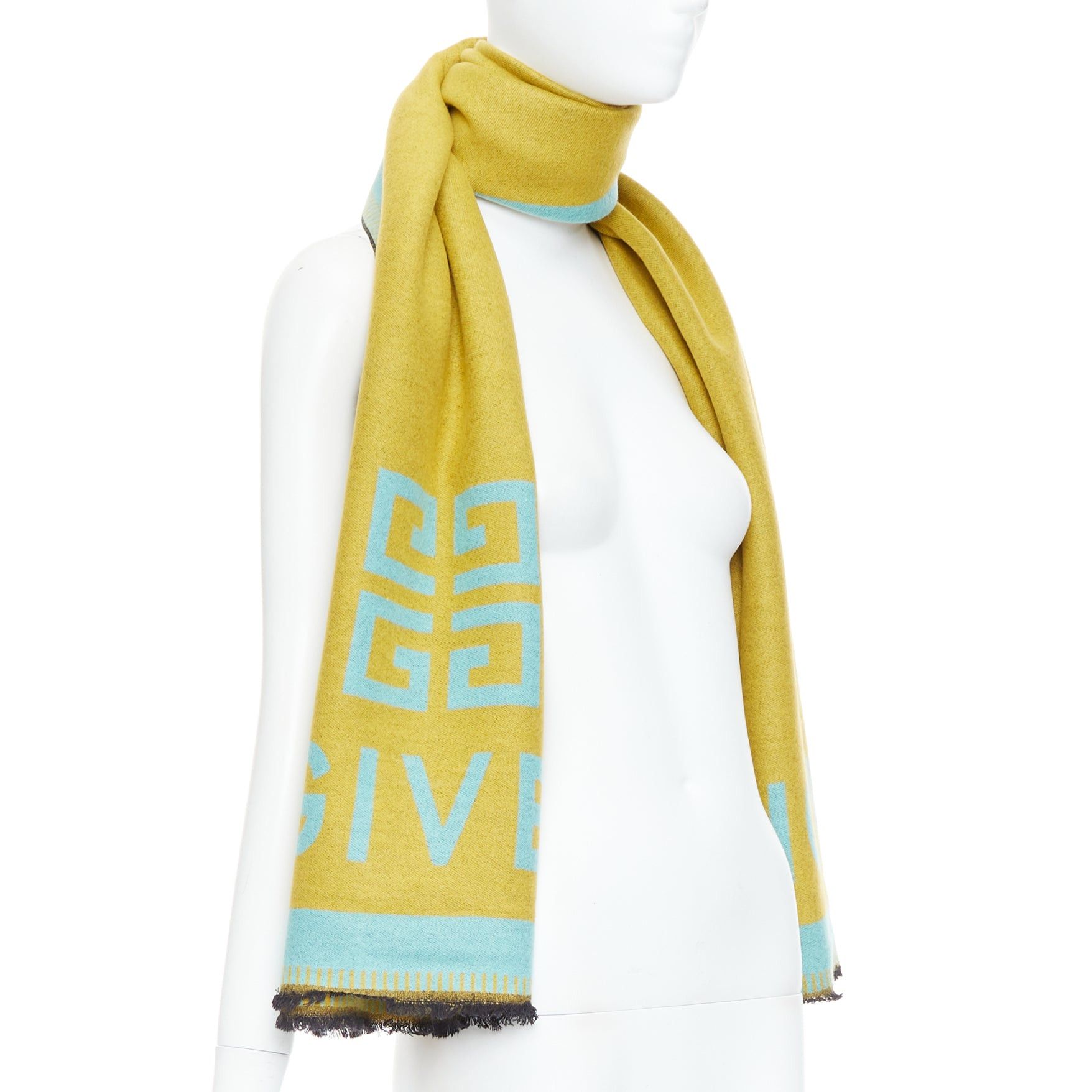 Givenchy GIVENCHY mustard mint green wooly black fringe big logo long scarf Size ONE SIZE - 3 Thumbnail