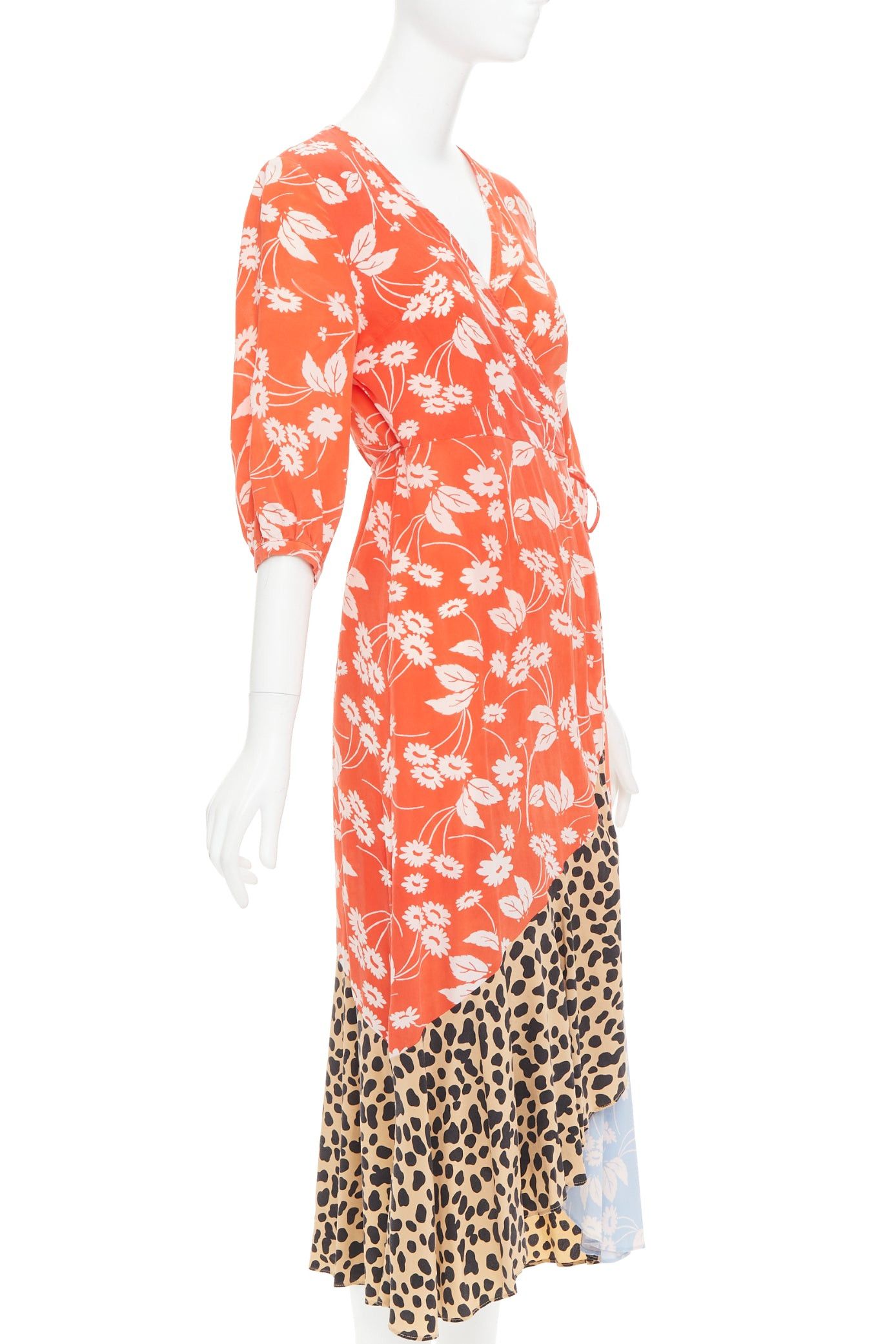RIXO RIXO Noleen 100% silk coral red leopard floral print patchwork wrap dress S Size S / US 4 / IT 40 - 3 Thumbnail
