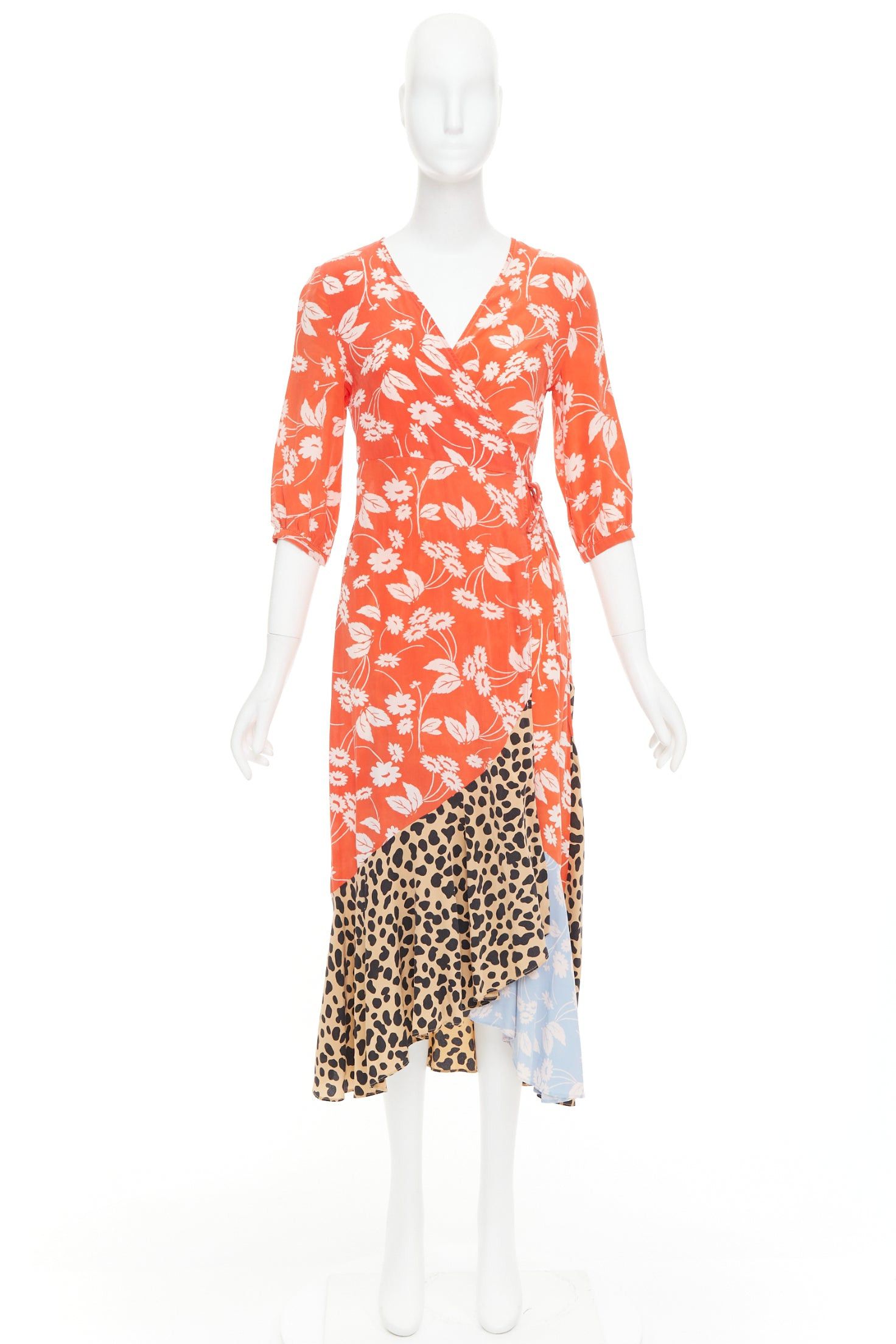 RIXO RIXO Noleen 100% silk coral red leopard floral print patchwork wrap dress S Size S / US 4 / IT 40 - 9 Thumbnail