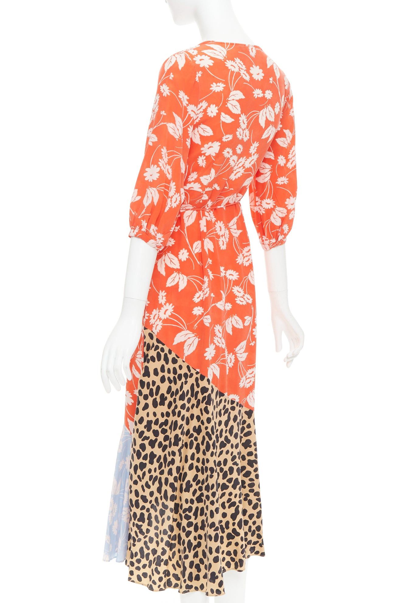 RIXO RIXO Noleen 100% silk coral red leopard floral print patchwork wrap dress S Size S / US 4 / IT 40 - 6 Thumbnail