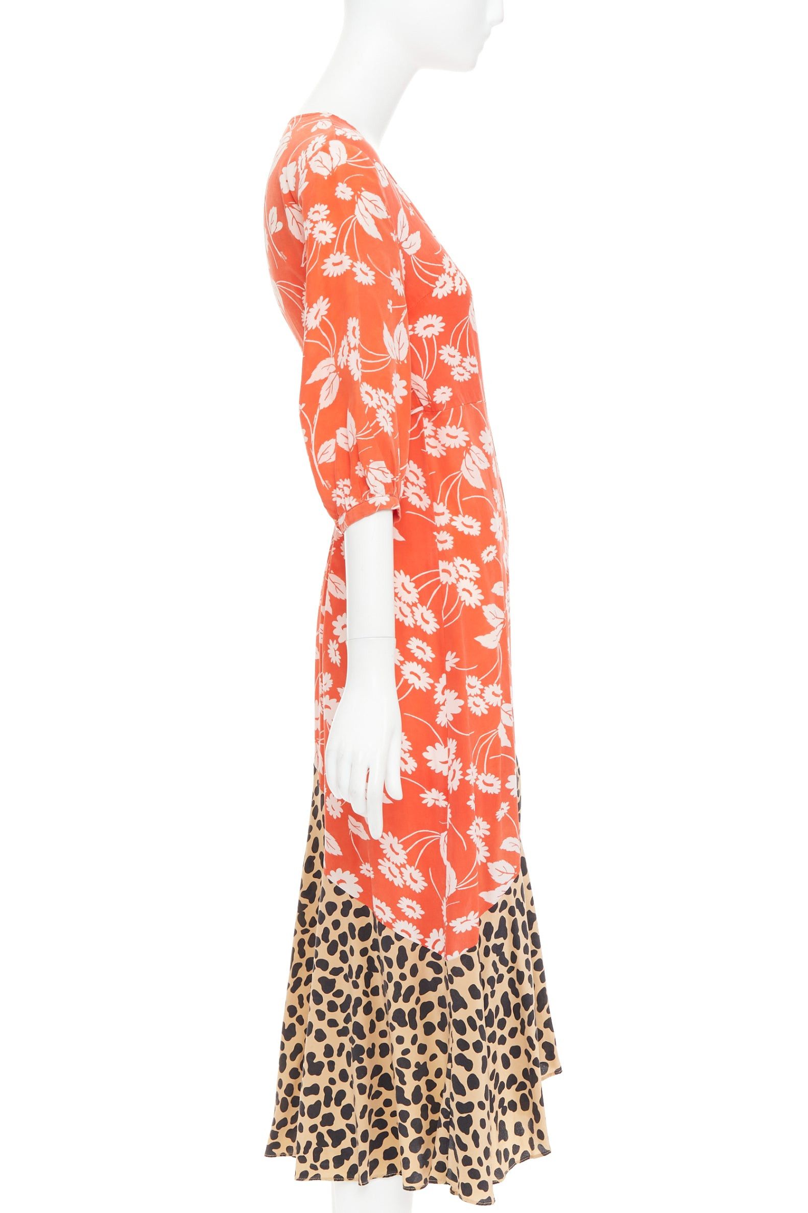 RIXO RIXO Noleen 100% silk coral red leopard floral print patchwork wrap dress S Size S / US 4 / IT 40 - 4 Thumbnail