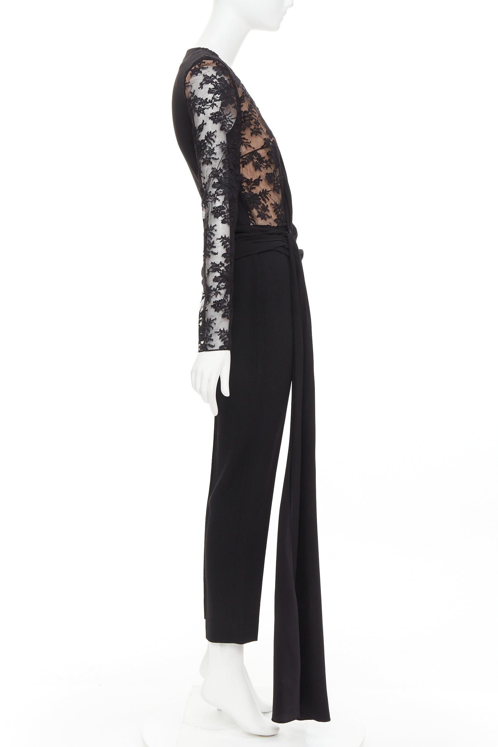 Givenchy GIVENCHY black silk cotton blend intricate lace trim wrap jumpsuit FR36 S Size 27" / US 4 / IT 40 - 4 Thumbnail