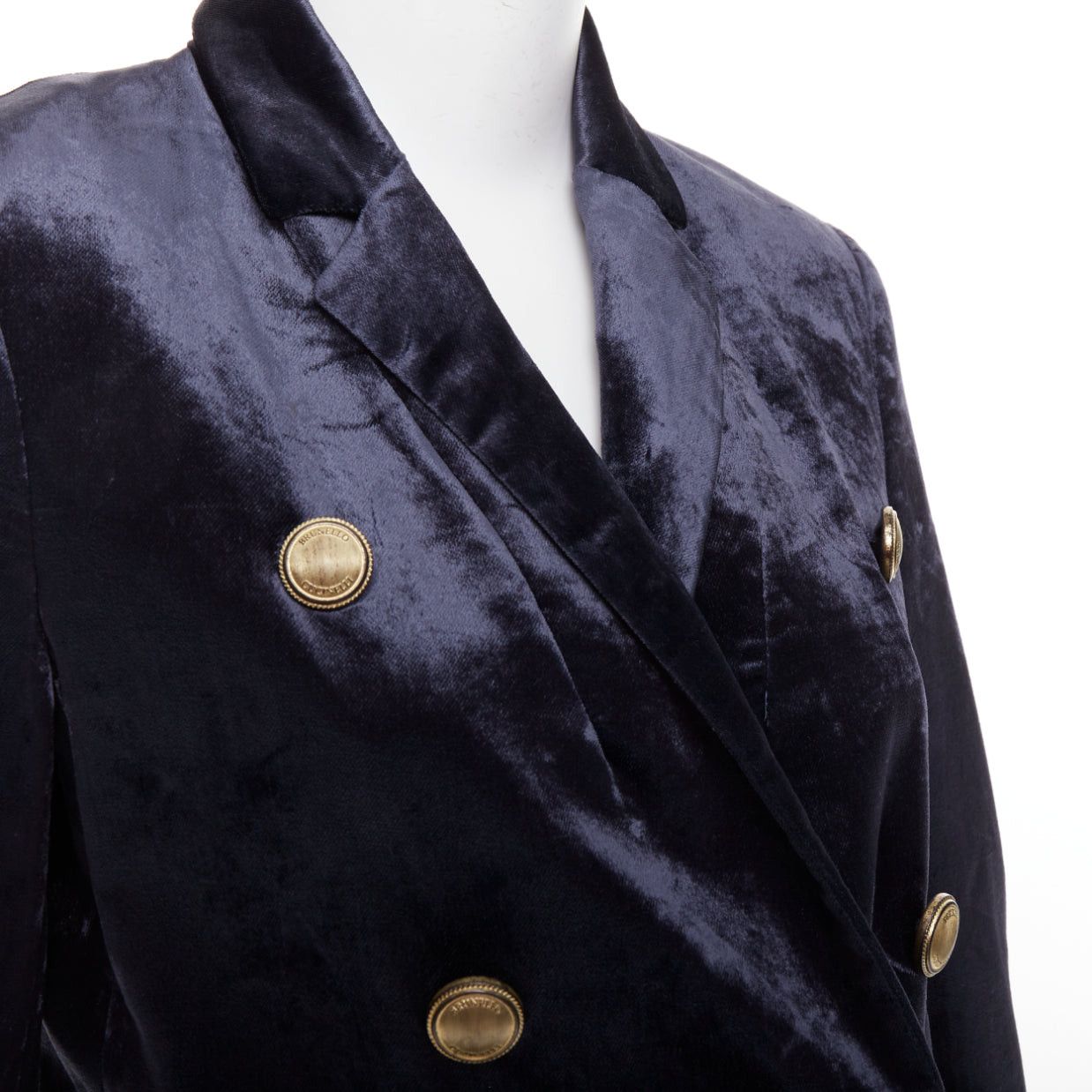 Brunello Cucinelli BRUNELLO CUCINELLI navy velvet brass logo buttons double breasted blazer jacket IT40 S Size S / US 4 / IT 40 - 2 Thumbnail