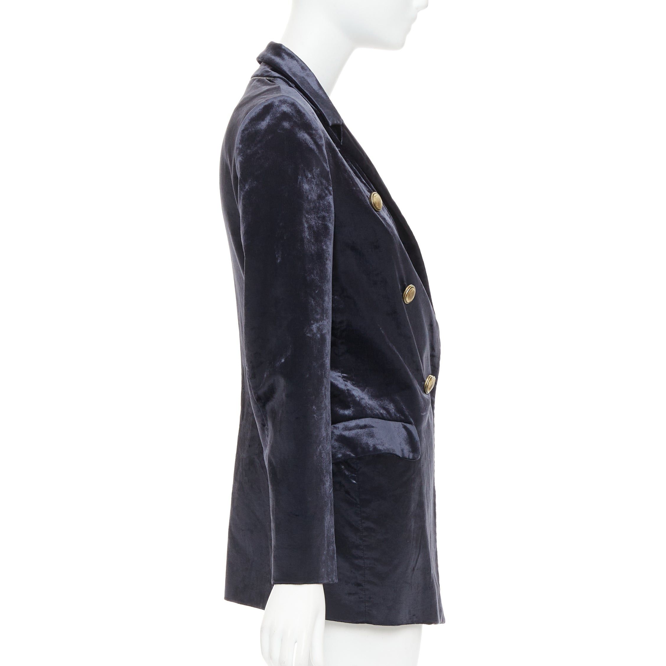 Brunello Cucinelli BRUNELLO CUCINELLI navy velvet brass logo buttons double breasted blazer jacket IT40 S Size S / US 4 / IT 40 - 5 Thumbnail