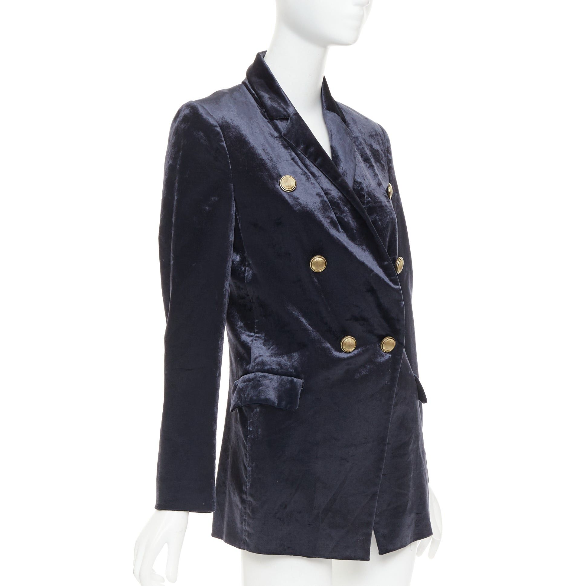Brunello Cucinelli BRUNELLO CUCINELLI navy velvet brass logo buttons double breasted blazer jacket IT40 S Size S / US 4 / IT 40 - 4 Thumbnail
