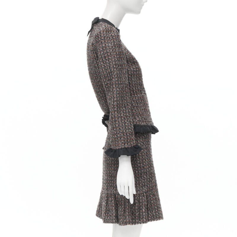RED Valentino RED VALENTINO red grey wool tweed black ruffle trim jacket skirt set Size XS / US 0-2 / IT 36-38 - 4 Thumbnail