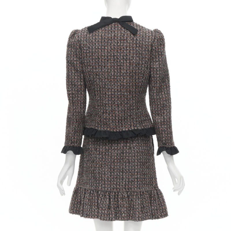 RED Valentino RED VALENTINO red grey wool tweed black ruffle trim jacket skirt set Size XS / US 0-2 / IT 36-38 - 5 Thumbnail