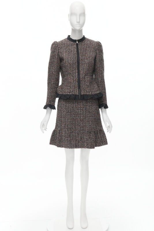 RED Valentino RED VALENTINO red grey wool tweed black ruffle trim jacket skirt set Size XS / US 0-2 / IT 36-38 - 11 Thumbnail