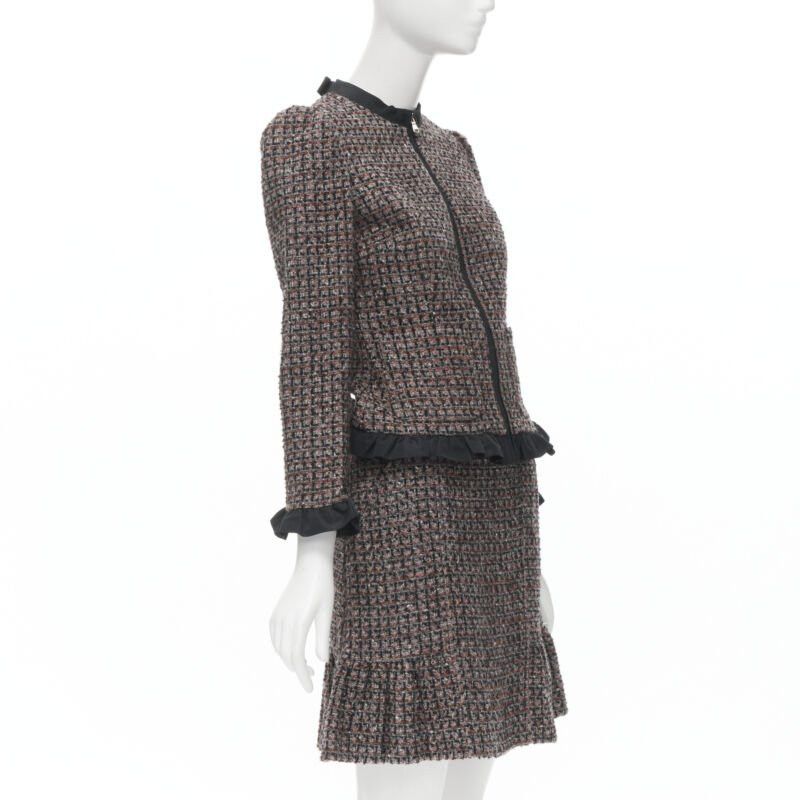 RED Valentino RED VALENTINO red grey wool tweed black ruffle trim jacket skirt set Size XS / US 0-2 / IT 36-38 - 3 Thumbnail