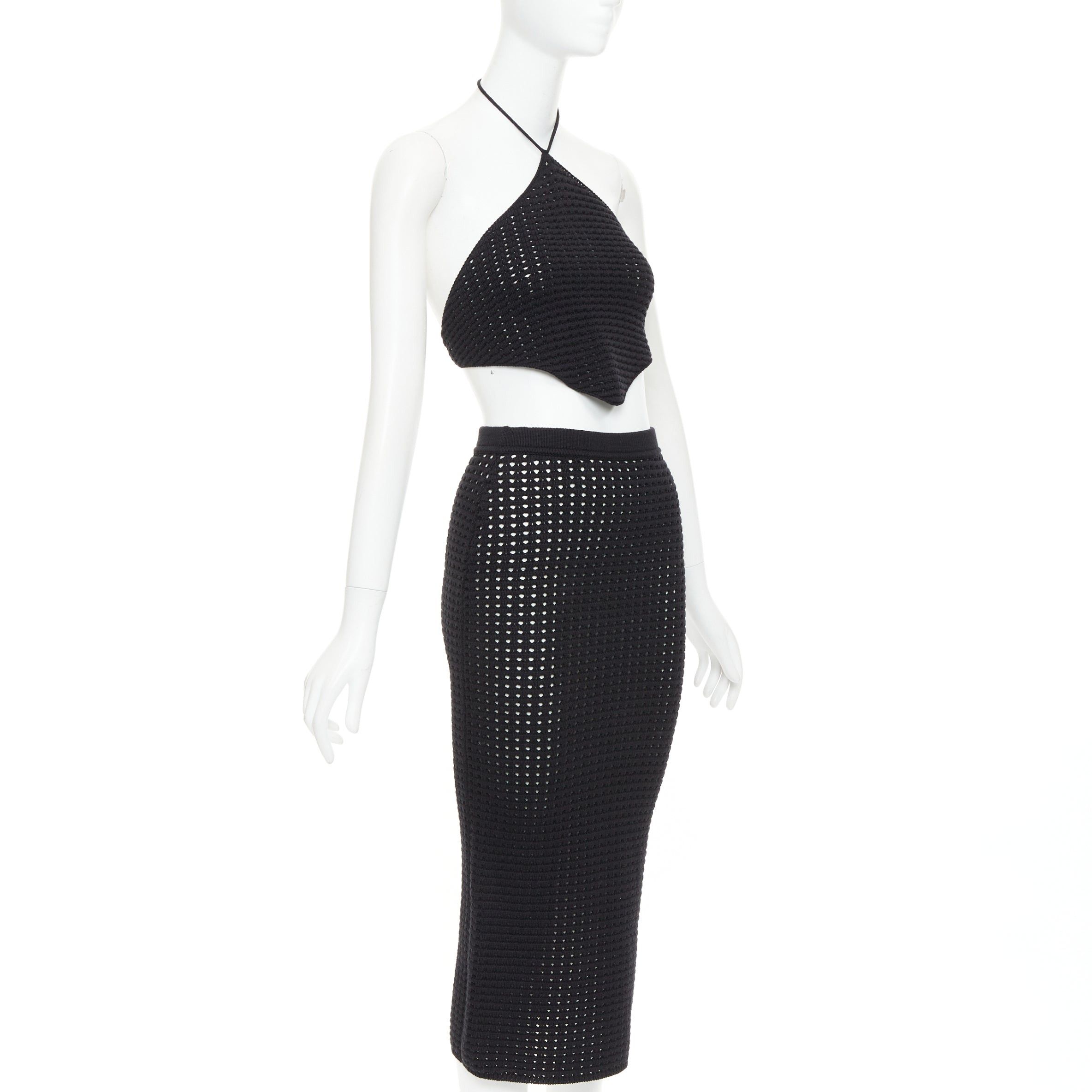 Reformation REFORMATION Circa black organically cotton open knit halter top skirt set XS Size S / US 4 / IT 40 - 3 Thumbnail