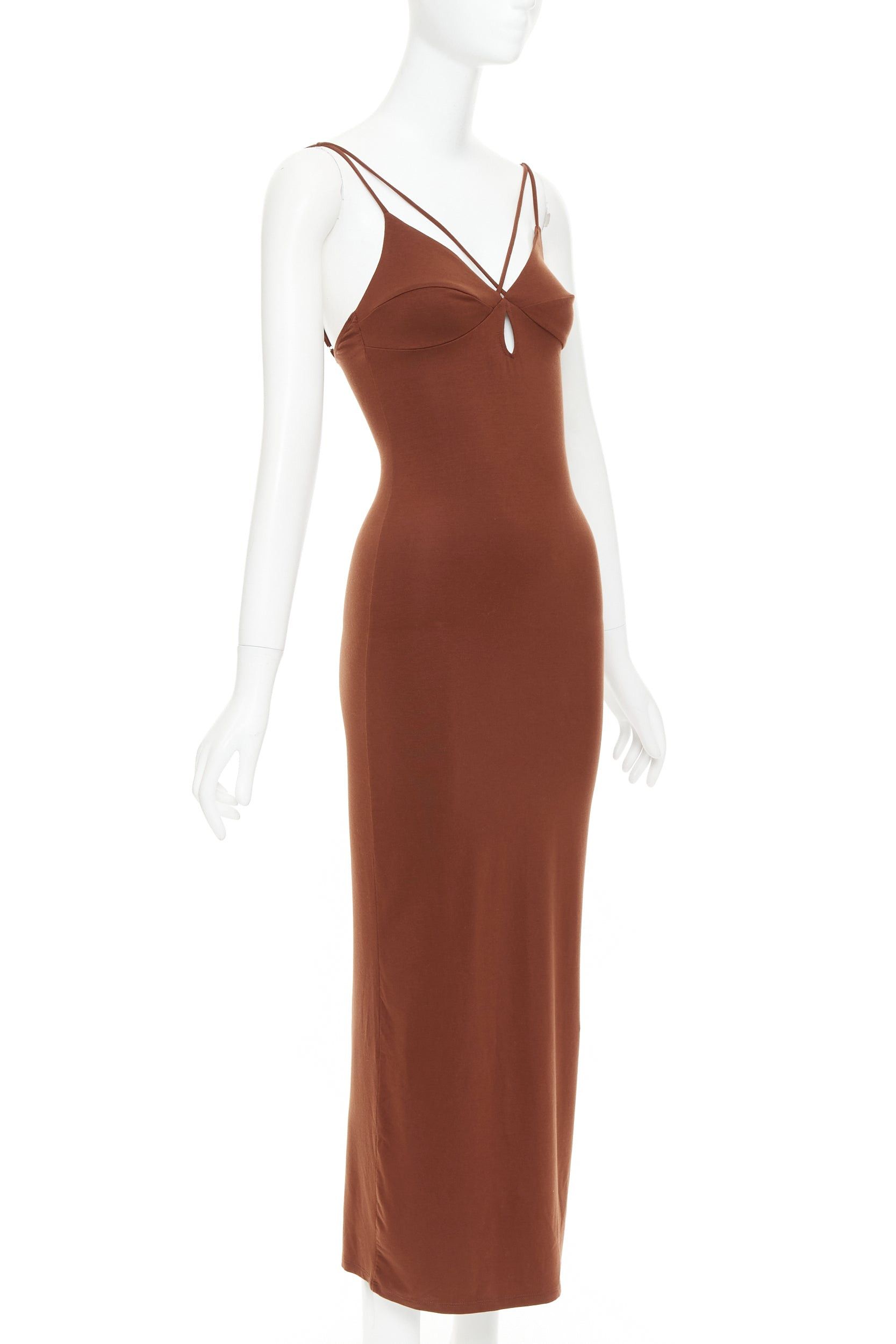 Reformation REFORMATION Lainey brown tencel blend elastic spaghetti strap keyhole bodycon midi dress XS Size S / US 4 / IT 40 - 3 Thumbnail