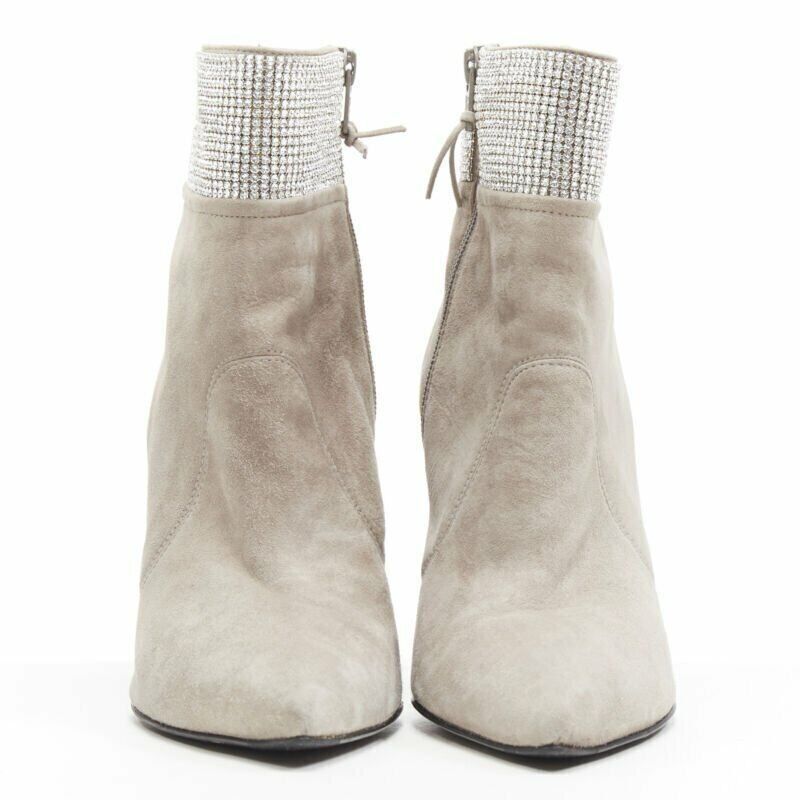 Stuart Weitzman STUART WEITZMAN Highbeams grey fossil suede crystal embellished bootie EU38.5 Size US 8.5 / IT 38.5 - 3 Thumbnail
