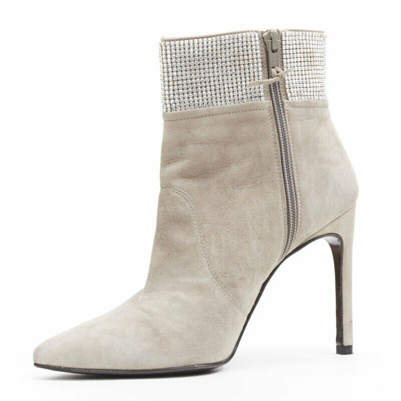 Stuart Weitzman STUART WEITZMAN Highbeams grey fossil suede crystal embellished bootie EU38.5 Size US 8.5 / IT 38.5 - 4 Thumbnail