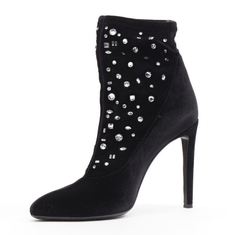 Giuseppe Zanotti GIUSEPPE ZANOTTI black velvet crystal jewel embellished pull on sock bootie EU39 Size US 9 / IT 39 - 4 Thumbnail