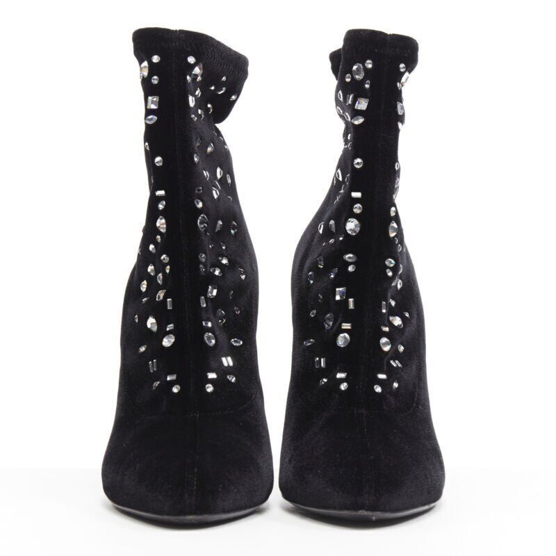 Giuseppe Zanotti GIUSEPPE ZANOTTI black velvet crystal jewel embellished pull on sock bootie EU39 Size US 9 / IT 39 - 3 Thumbnail