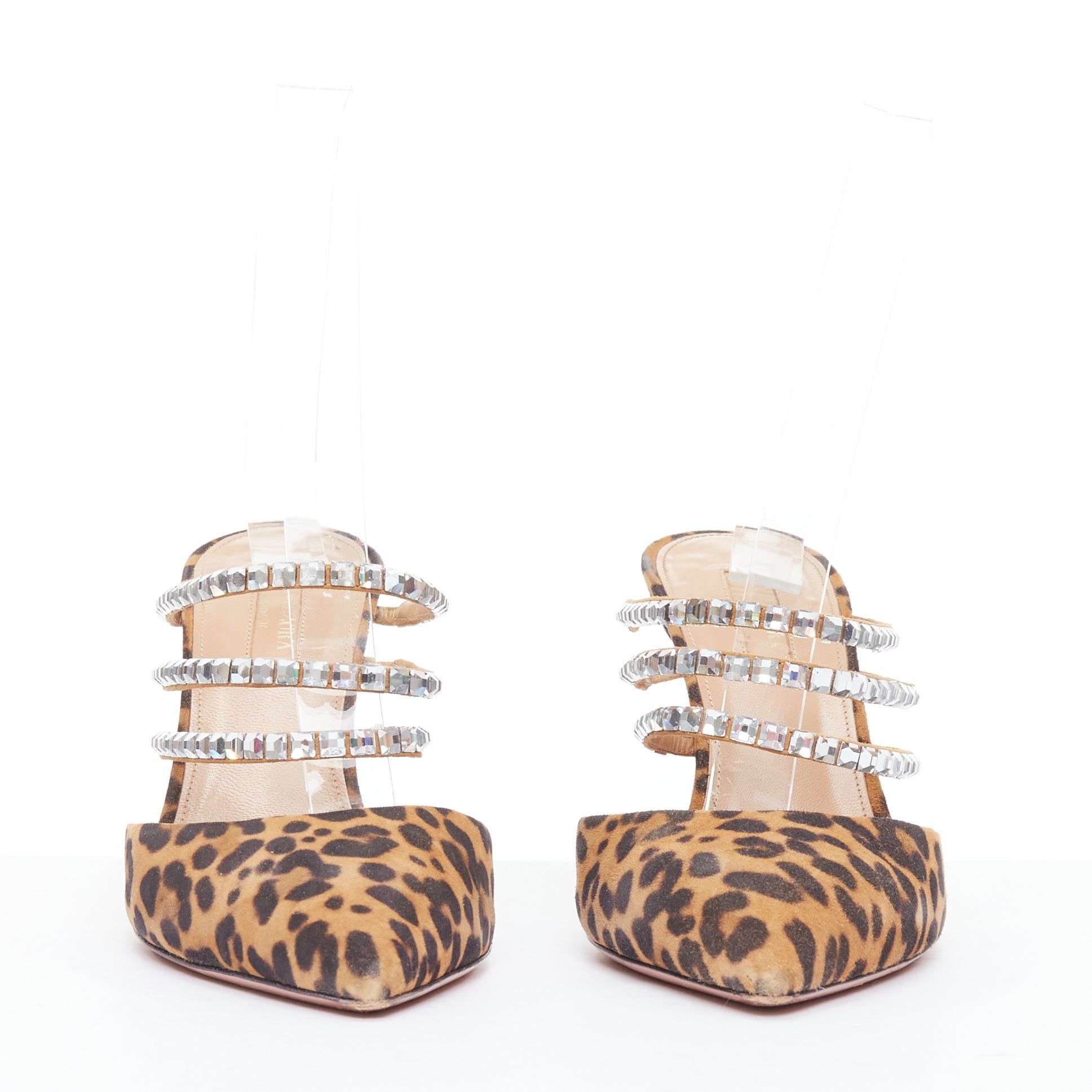 Aquazzura AQUAZZURA Donata brown leopard suede crystal straps mules EU39 Size US 9 / IT 39 - 3 Thumbnail