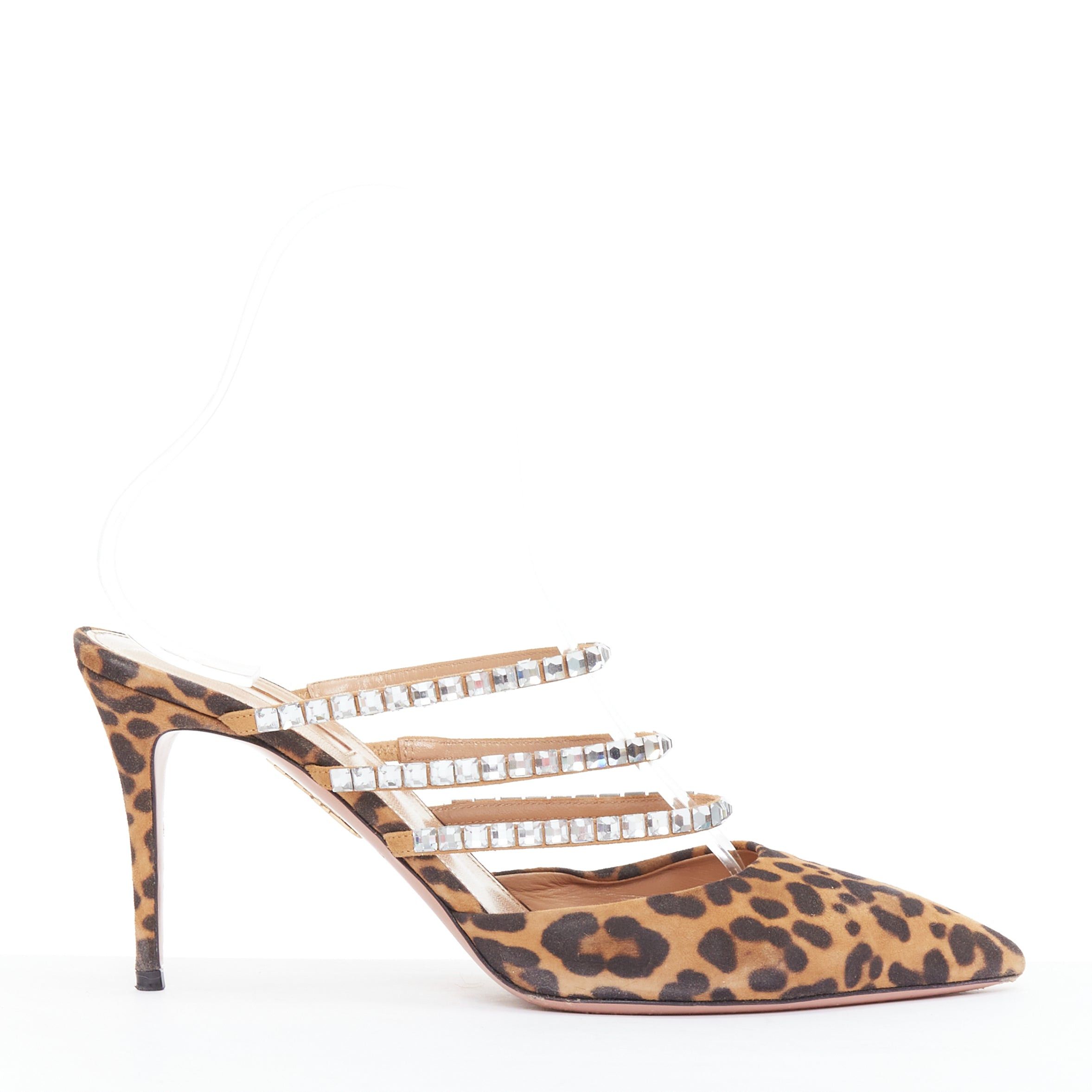 Aquazzura AQUAZZURA Donata brown leopard suede crystal straps mules EU39 Size US 9 / IT 39 - 2 Thumbnail