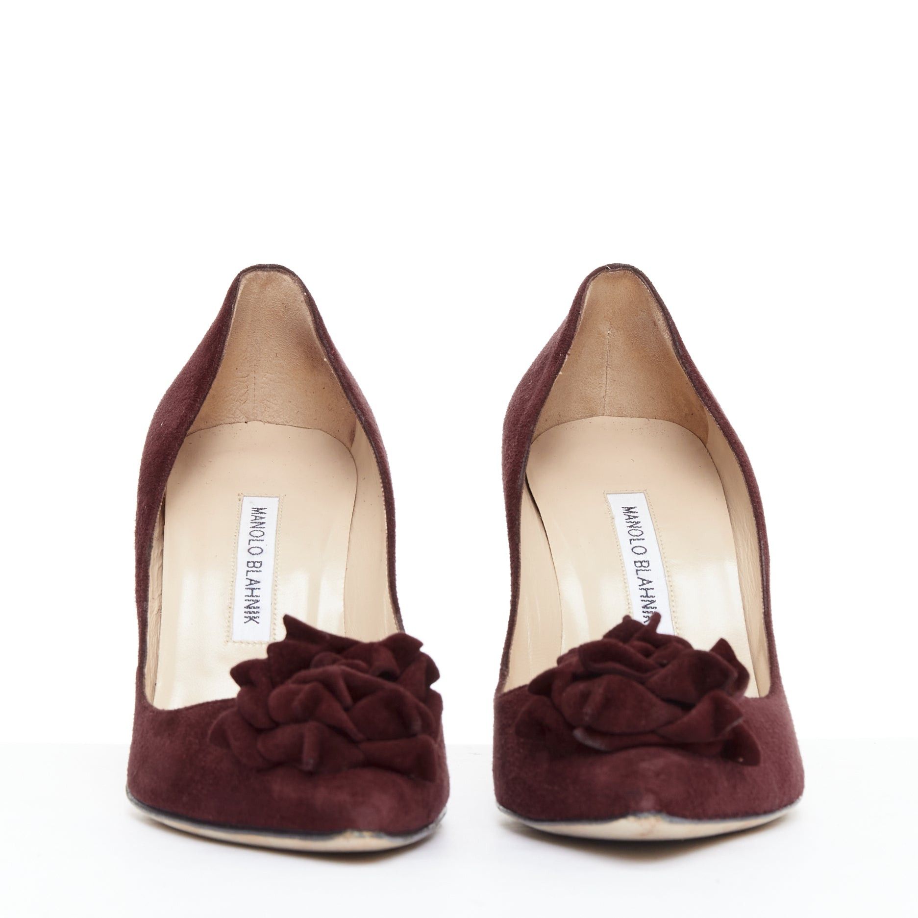 Manolo Blahnik MANOLO BLAHNIK Lisa burgundy suede flower applique pumps EU39 Size US 9 / IT 39 - 3 Thumbnail