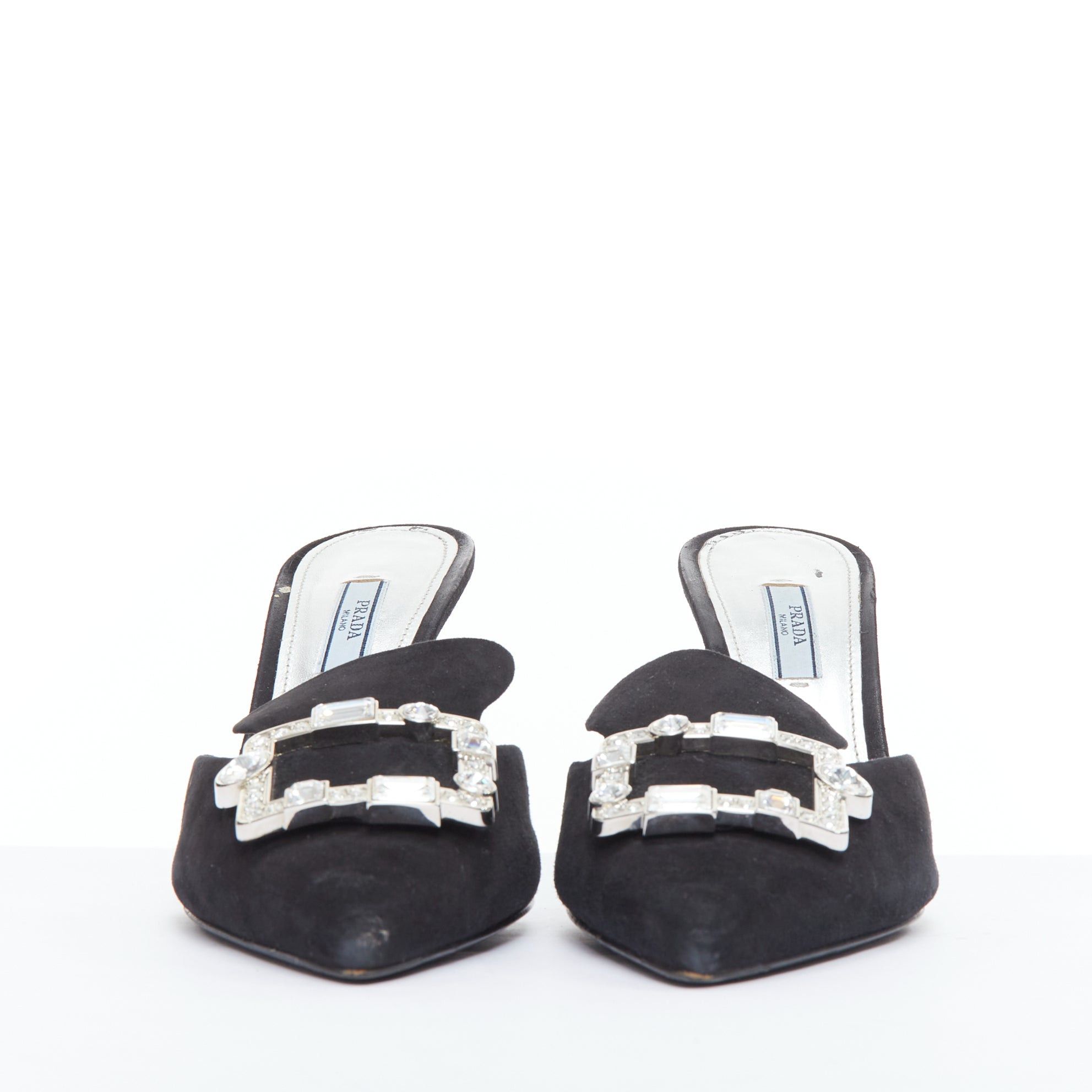 Prada PRADA black crystal rectangle buckle suede leather mules EU39 Size US 9 / IT 39 - 3 Thumbnail