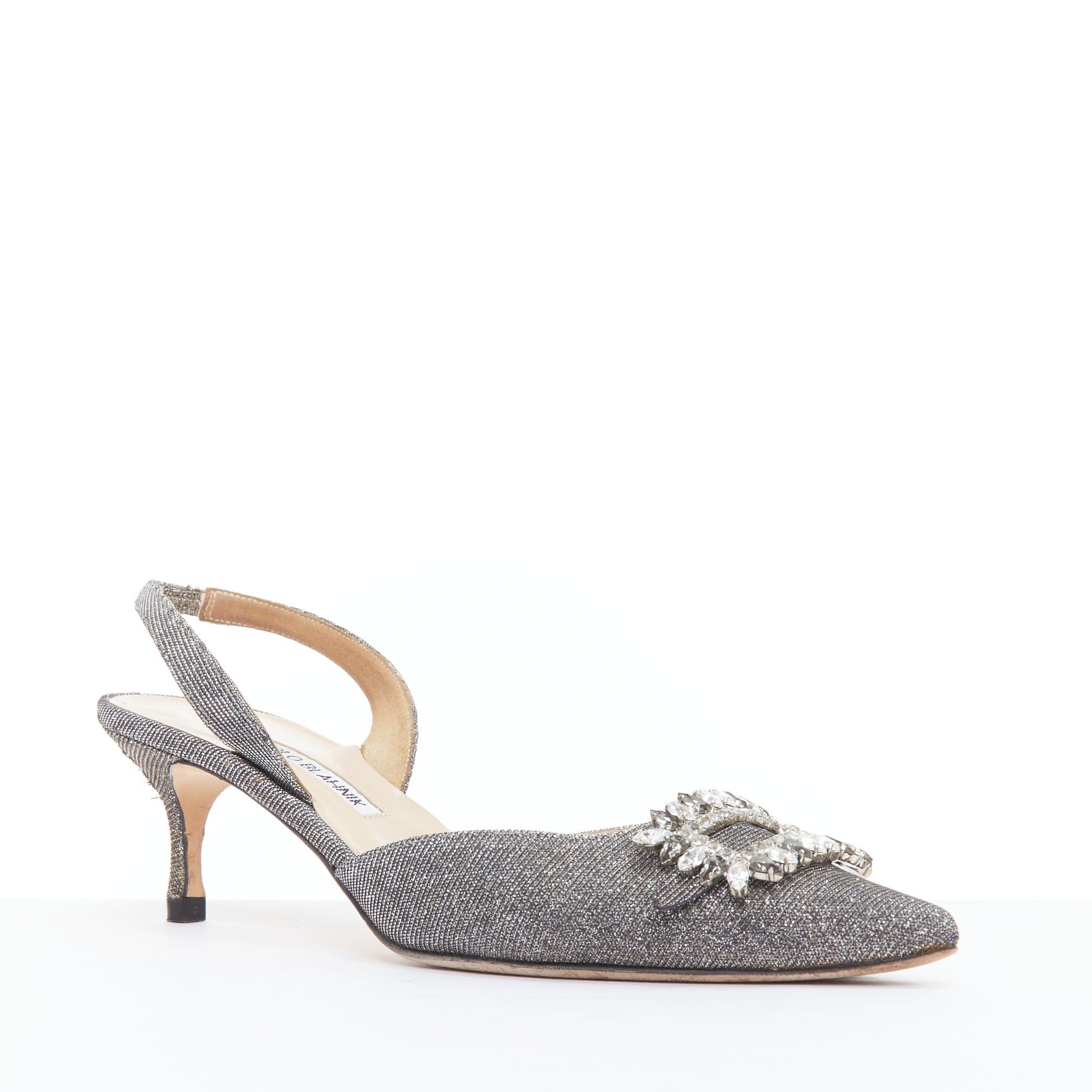 Manolo Blahnik MANOLO BLAHNIK Tonoslac metallic silver fabric crystsal buckle sling heels EU39 Size US 9 / IT 39 - 3 Thumbnail