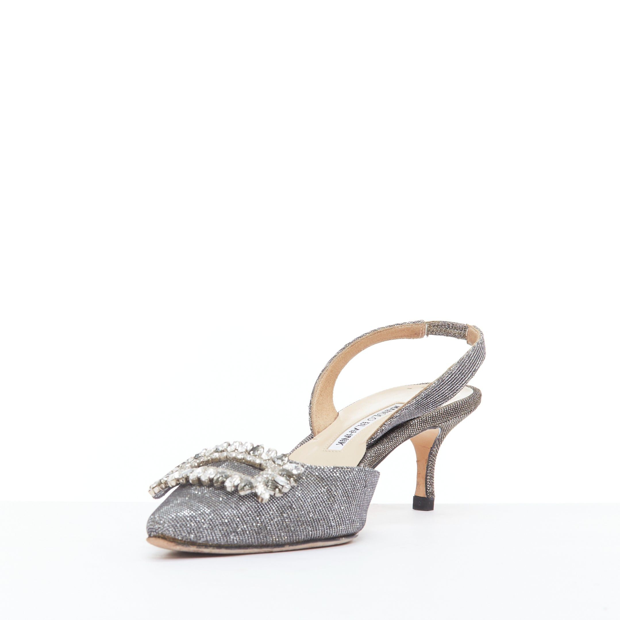 Manolo Blahnik MANOLO BLAHNIK Tonoslac metallic silver fabric crystsal buckle sling heels EU39 Size US 9 / IT 39 - 5 Thumbnail
