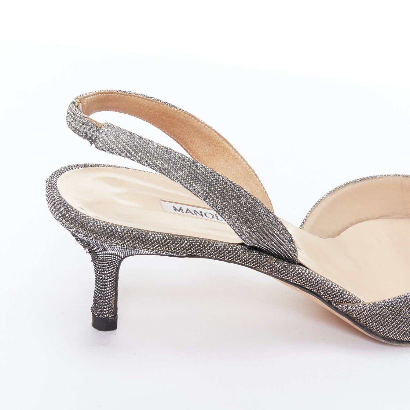 Manolo Blahnik MANOLO BLAHNIK Tonoslac metallic silver fabric crystsal buckle sling heels EU39 Size US 9 / IT 39 - 8 Thumbnail