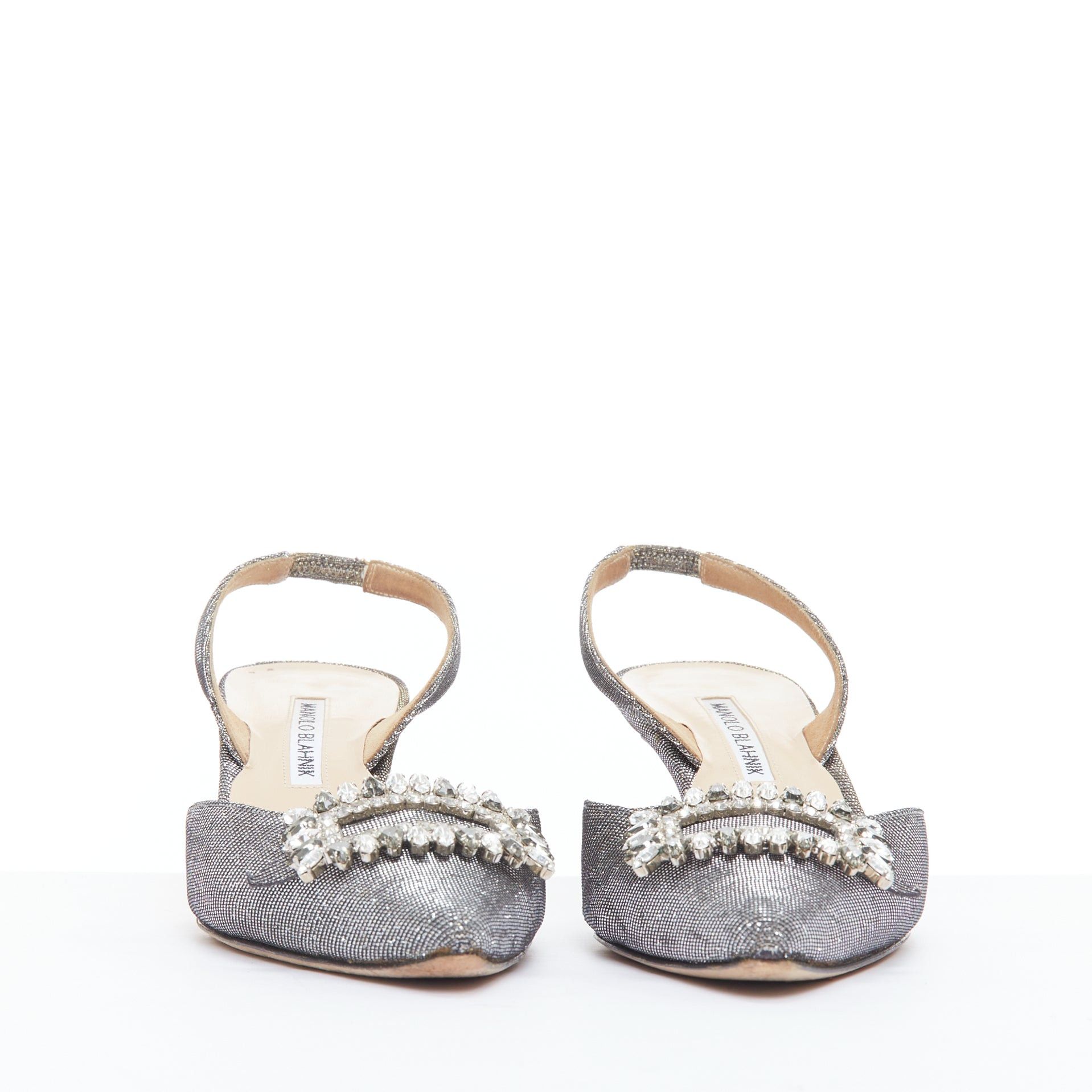 Manolo Blahnik MANOLO BLAHNIK Tonoslac metallic silver fabric crystsal buckle sling heels EU39 Size US 9 / IT 39 - 4 Thumbnail