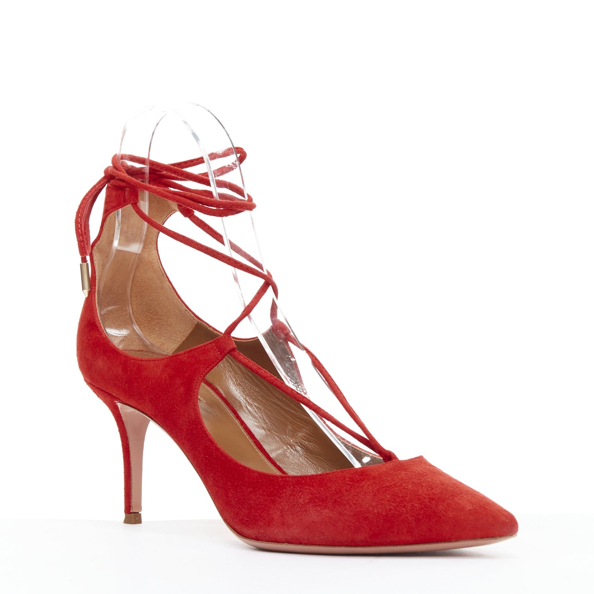 Aquazzura AQUAZZURA Christy 75 red suede leather lace up mid pumps EU39.5 Size US 9.5 / IT 39.5 - 2 Thumbnail