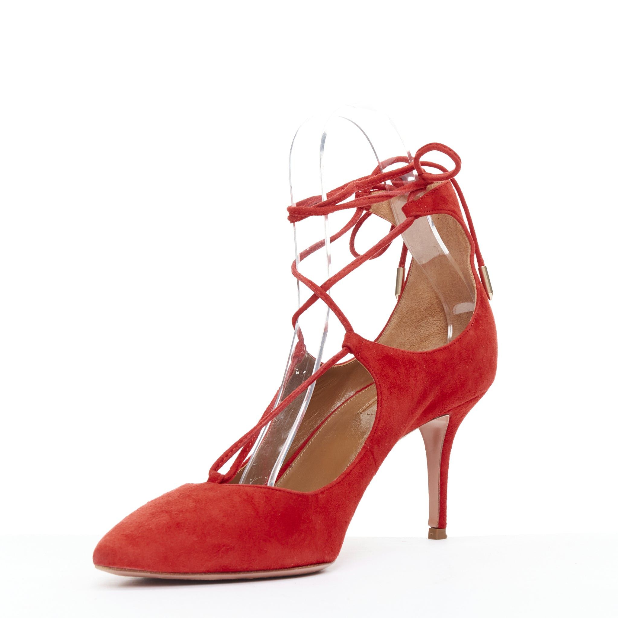 Aquazzura AQUAZZURA Christy 75 red suede leather lace up mid pumps EU39.5 Size US 9.5 / IT 39.5 - 4 Thumbnail