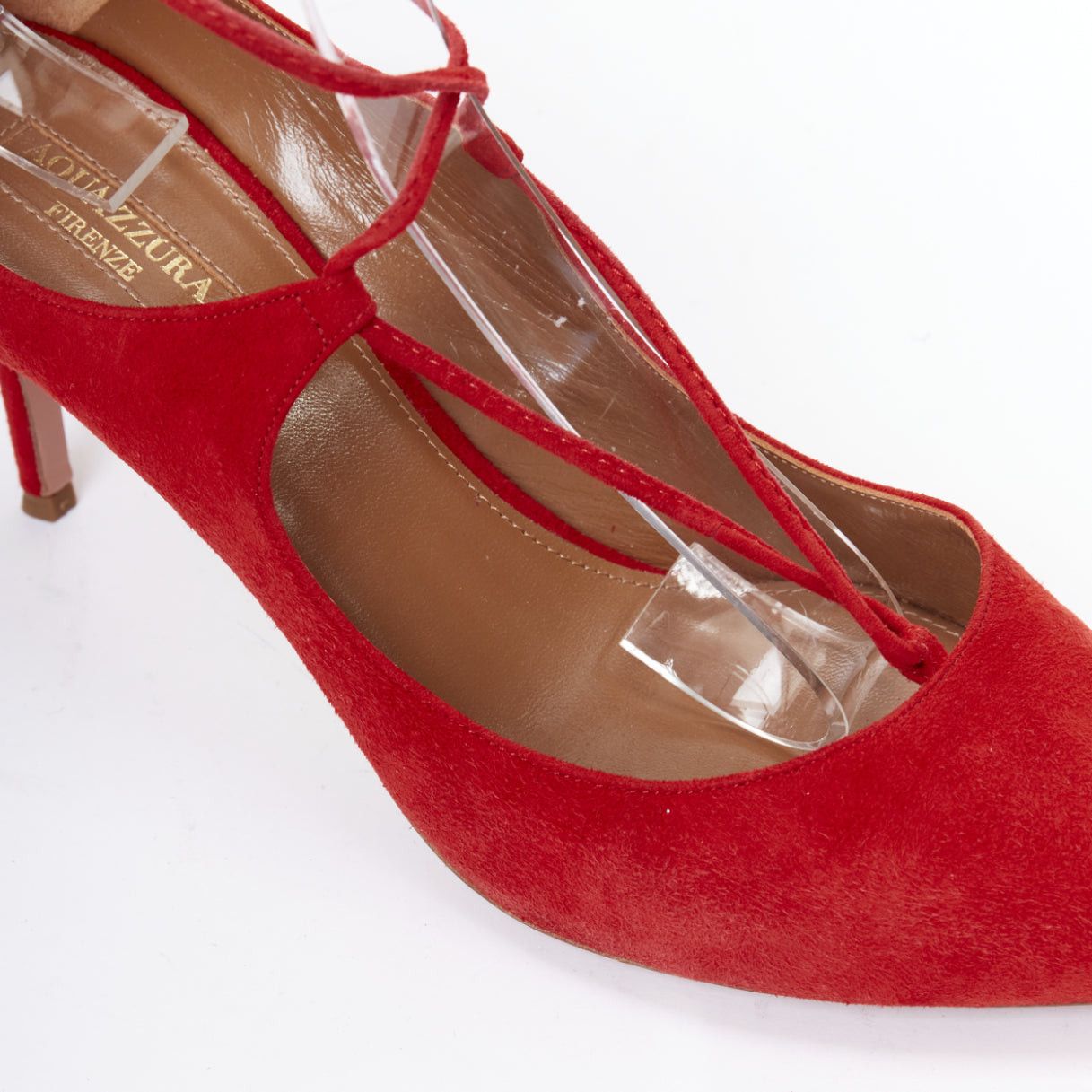 Aquazzura AQUAZZURA Christy 75 red suede leather lace up mid pumps EU39.5 Size US 9.5 / IT 39.5 - 7 Thumbnail