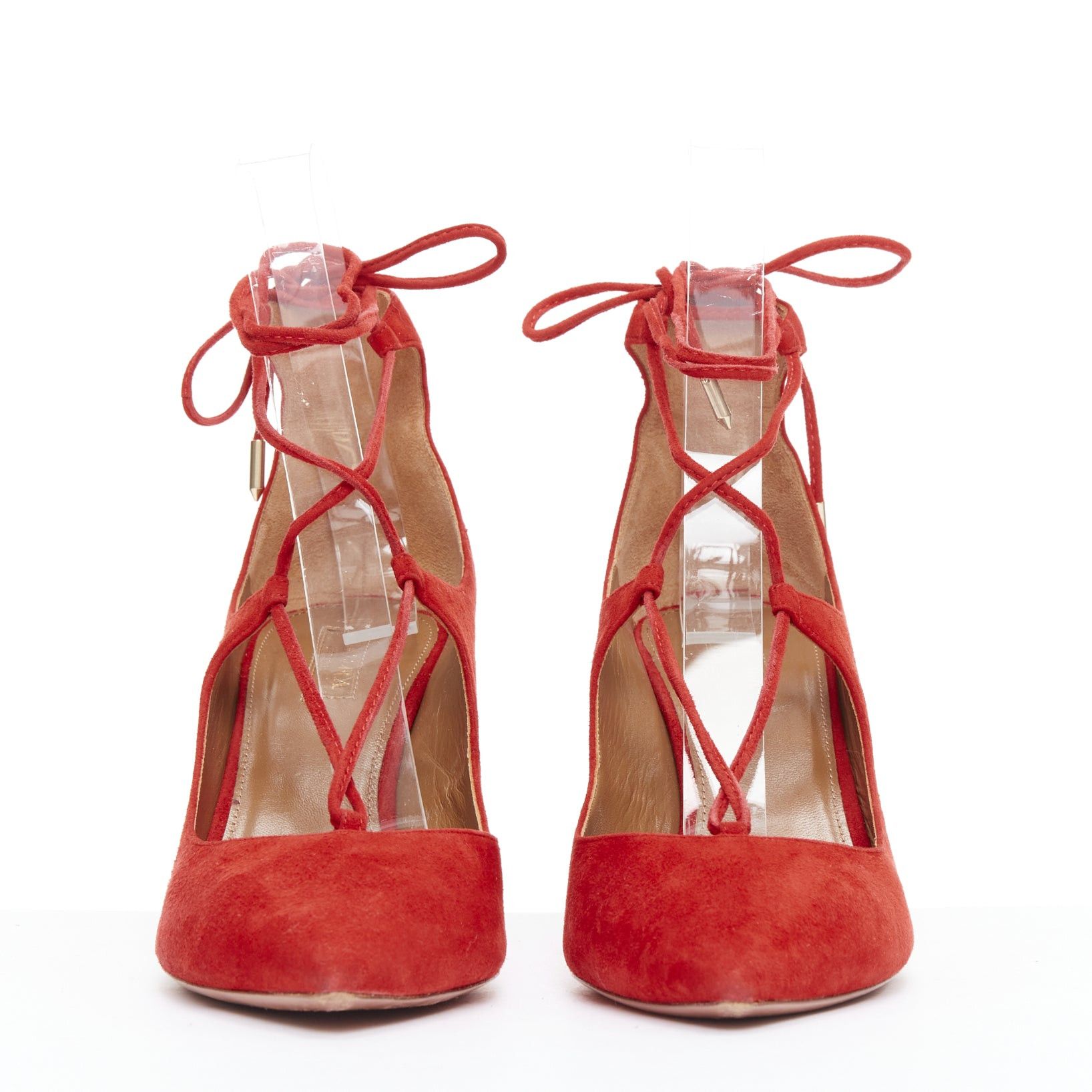 Aquazzura AQUAZZURA Christy 75 red suede leather lace up mid pumps EU39.5 Size US 9.5 / IT 39.5 - 3 Thumbnail