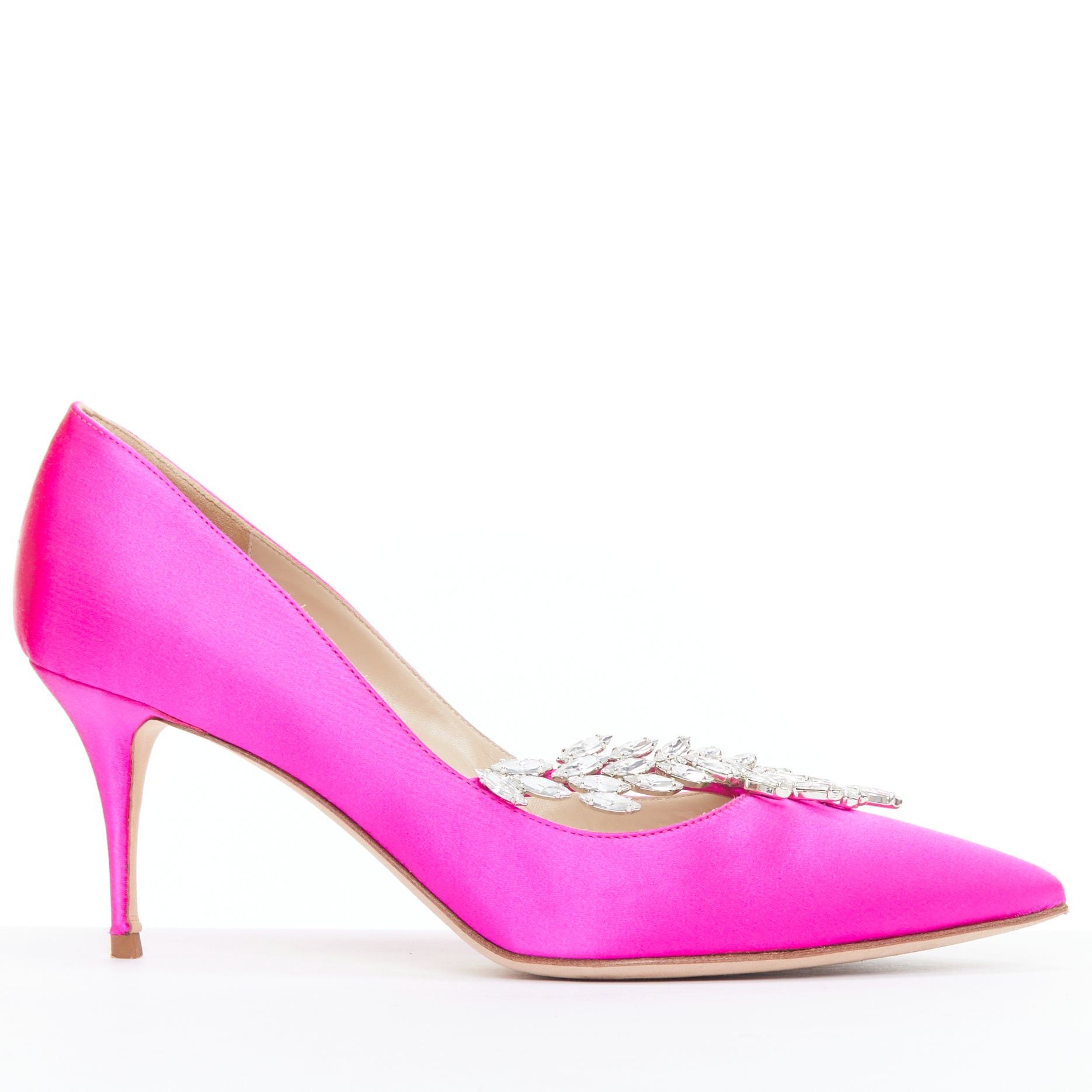 Manolo Blahnik MANOLO BLAHNIK Nadira 75 hot pink satin silver crystal mid pumps EU39 Size US 9 / IT 39 - 3 Thumbnail