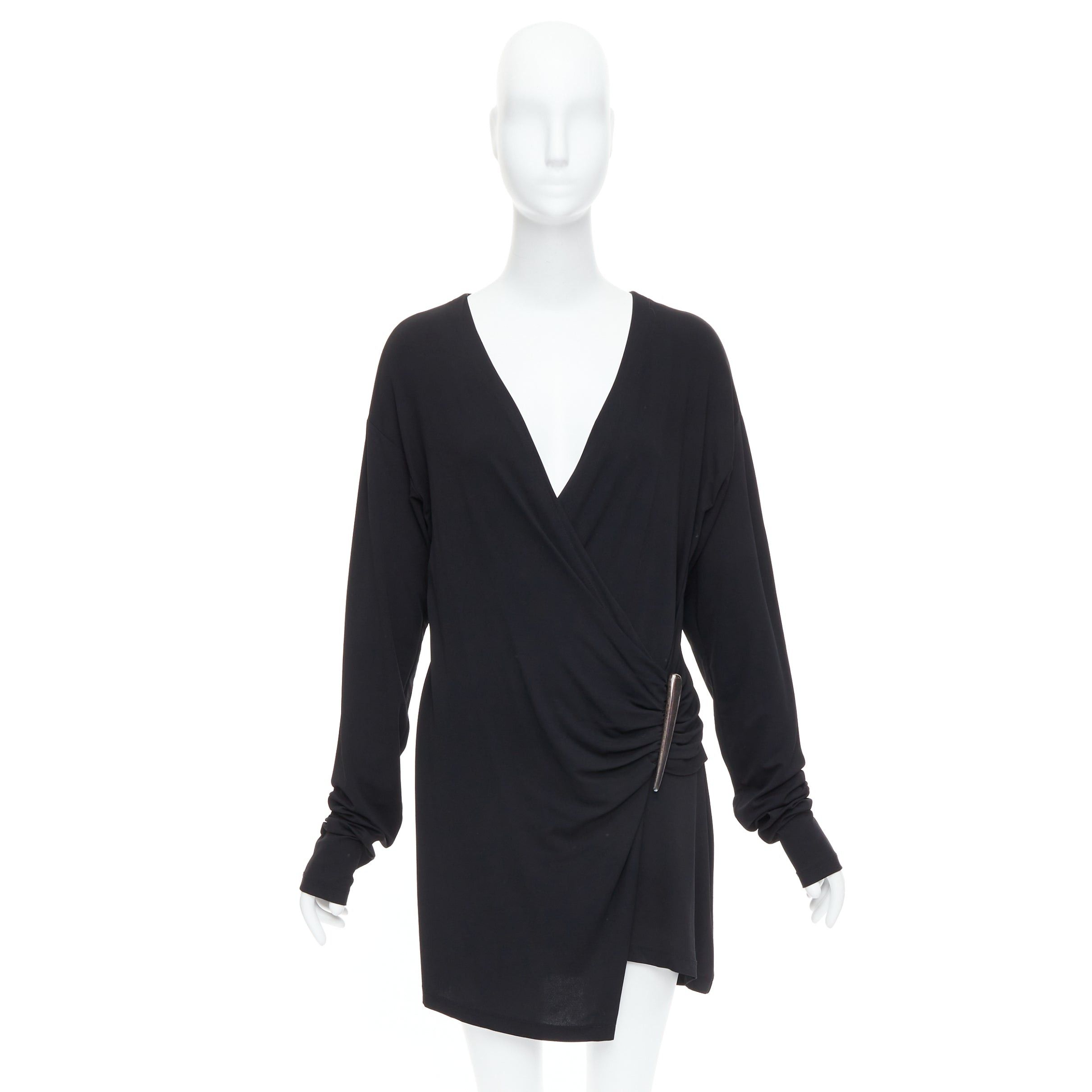 Donna Karan DONNA KARAN Vintage black viscose blend V neck silver buckle drape mini dress L Size M / US 6-8 / IT 42-44 - 9 Thumbnail