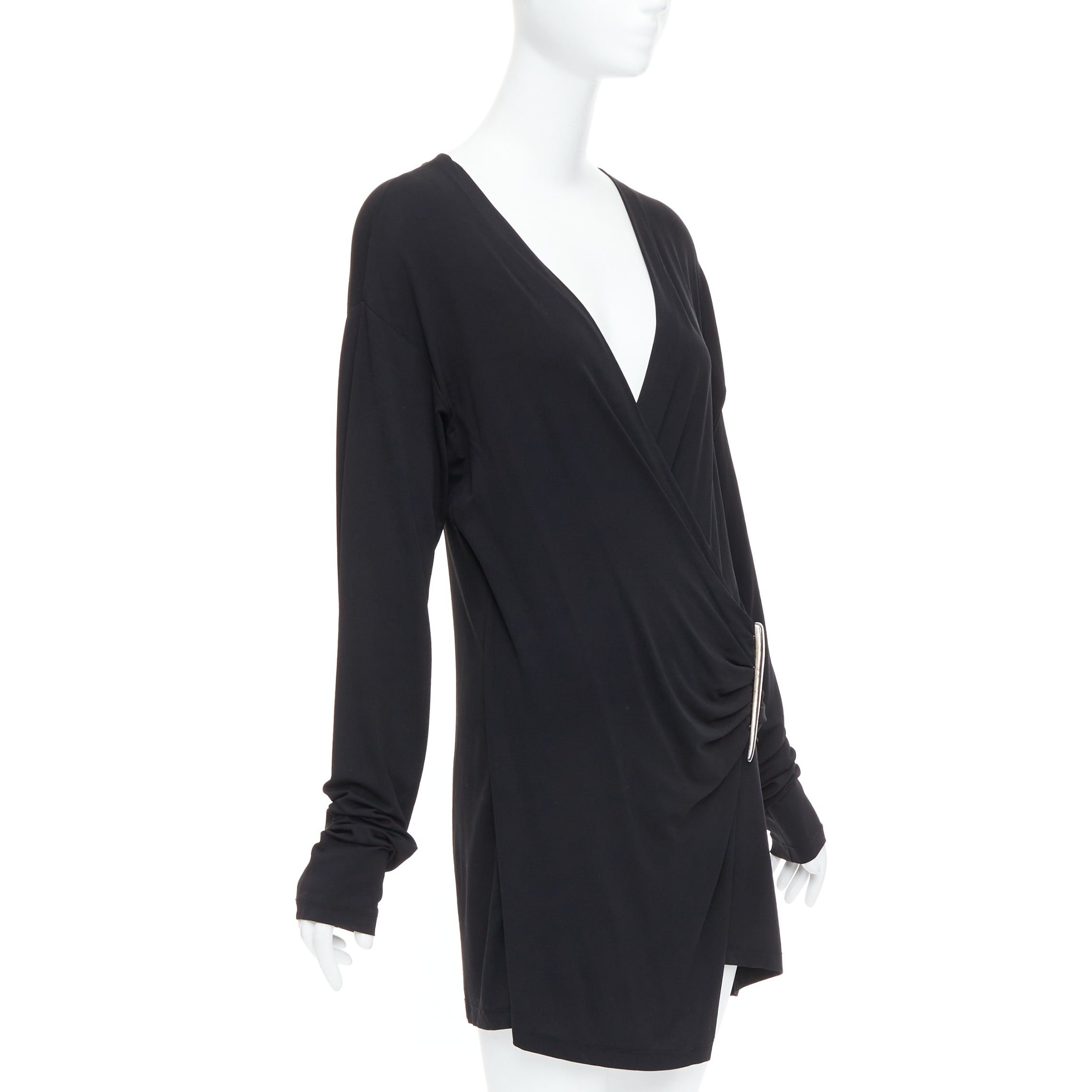 Donna Karan DONNA KARAN Vintage black viscose blend V neck silver buckle drape mini dress L Size M / US 6-8 / IT 42-44 - 3 Thumbnail