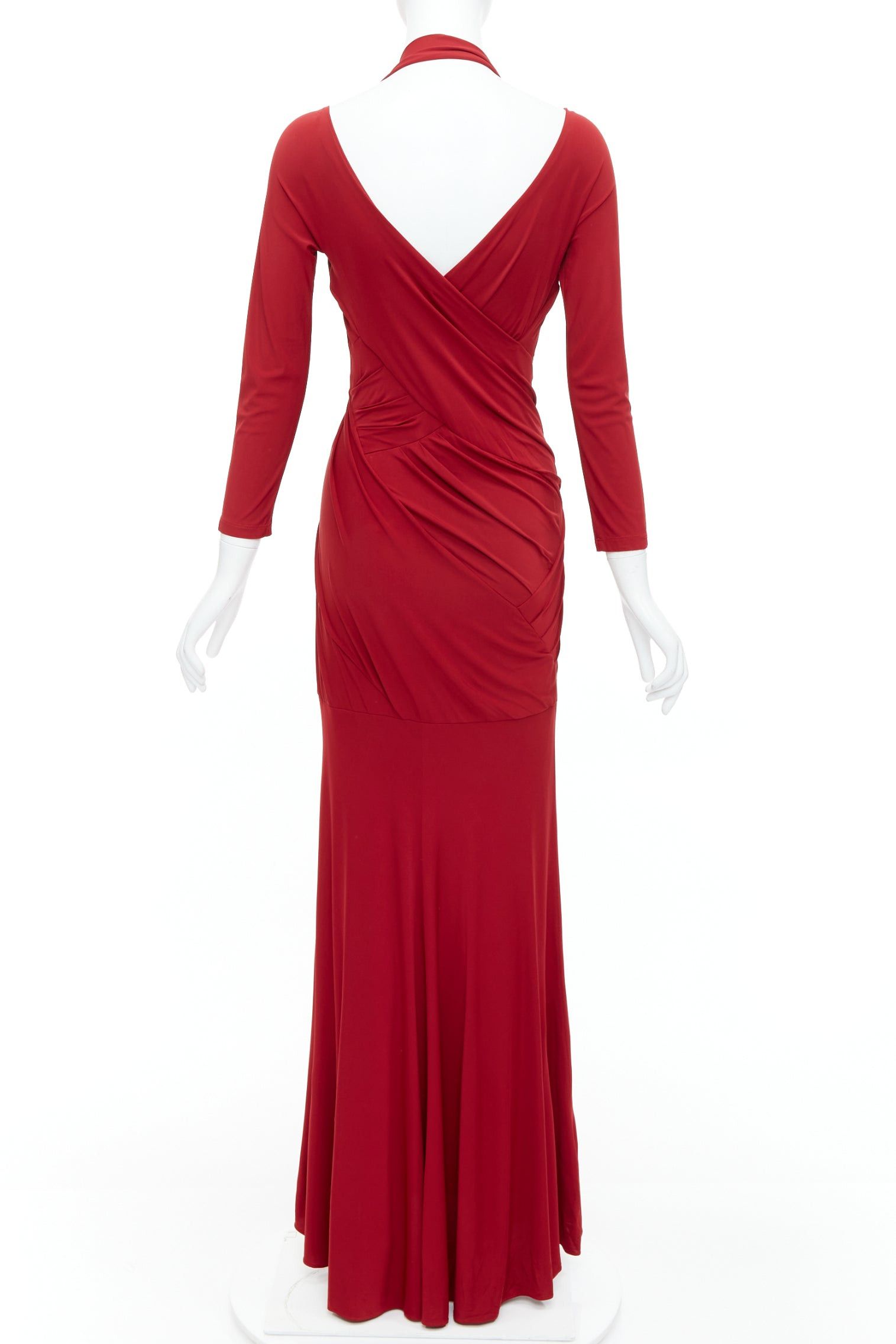 DONNA KARAN red halter plunge tucked draped evening gown dress L