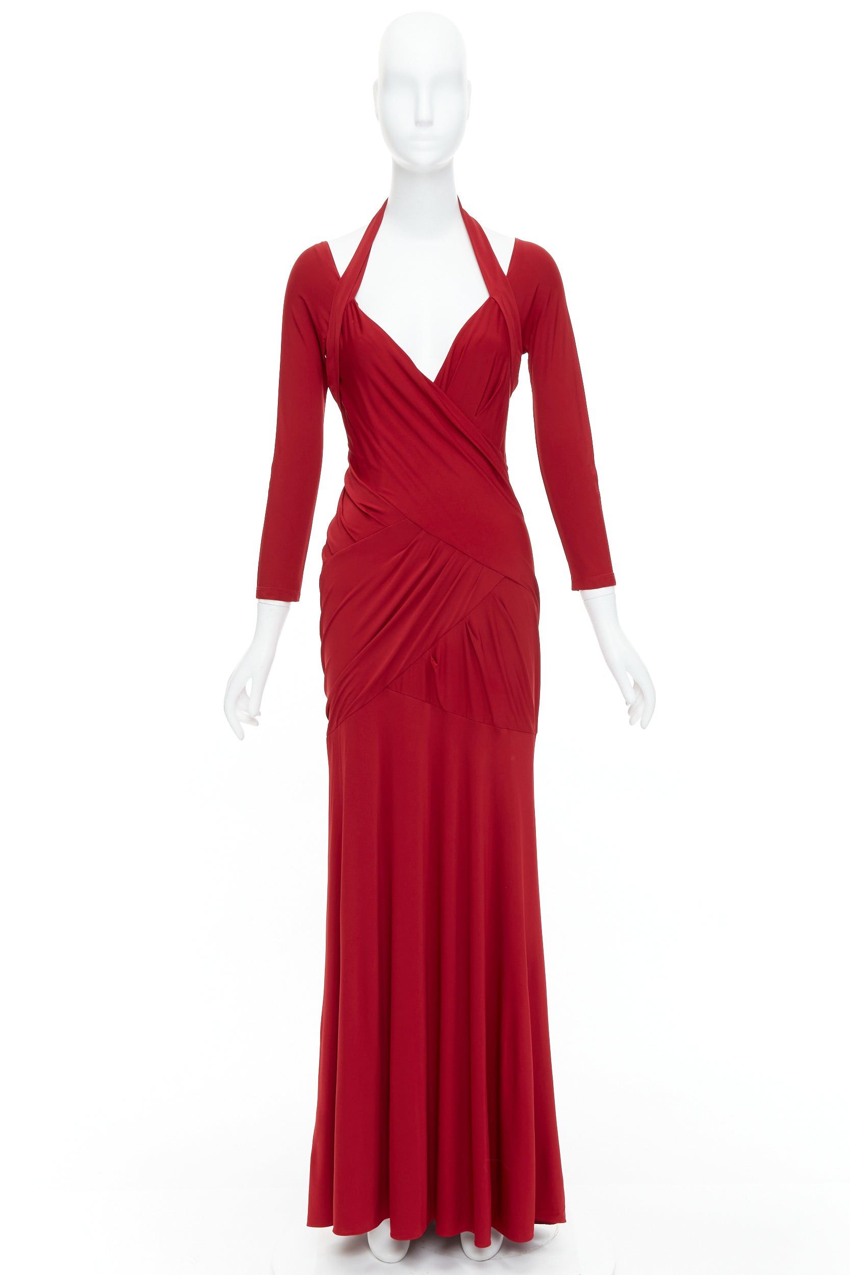 Donna Karan DONNA KARAN red halter plunge tucked draped evening gown dress L Size M / US 6-8 / IT 42-44 - 9 Thumbnail