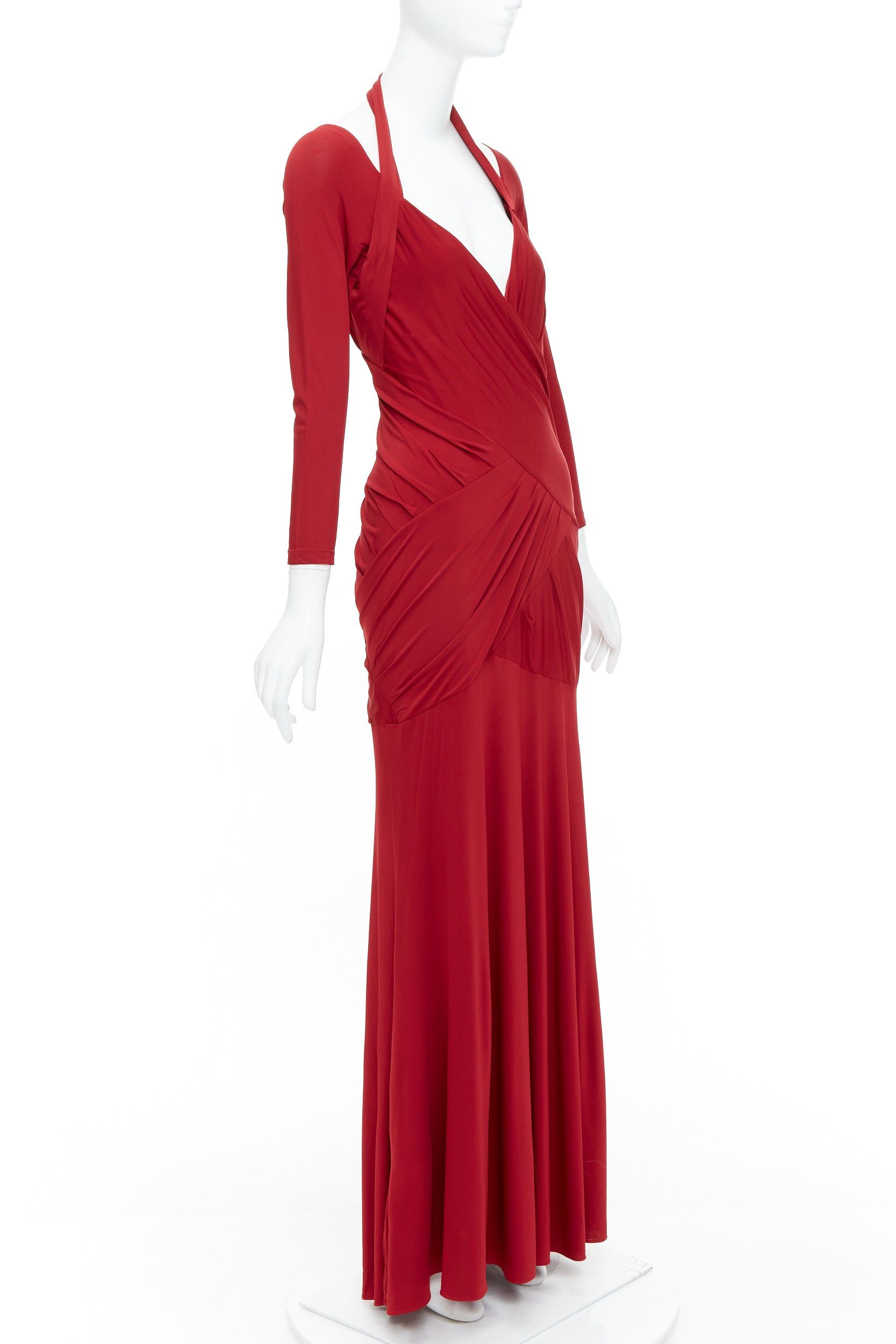 Donna Karan DONNA KARAN red halter plunge tucked draped evening gown dress L Size M / US 6-8 / IT 42-44 - 3 Thumbnail