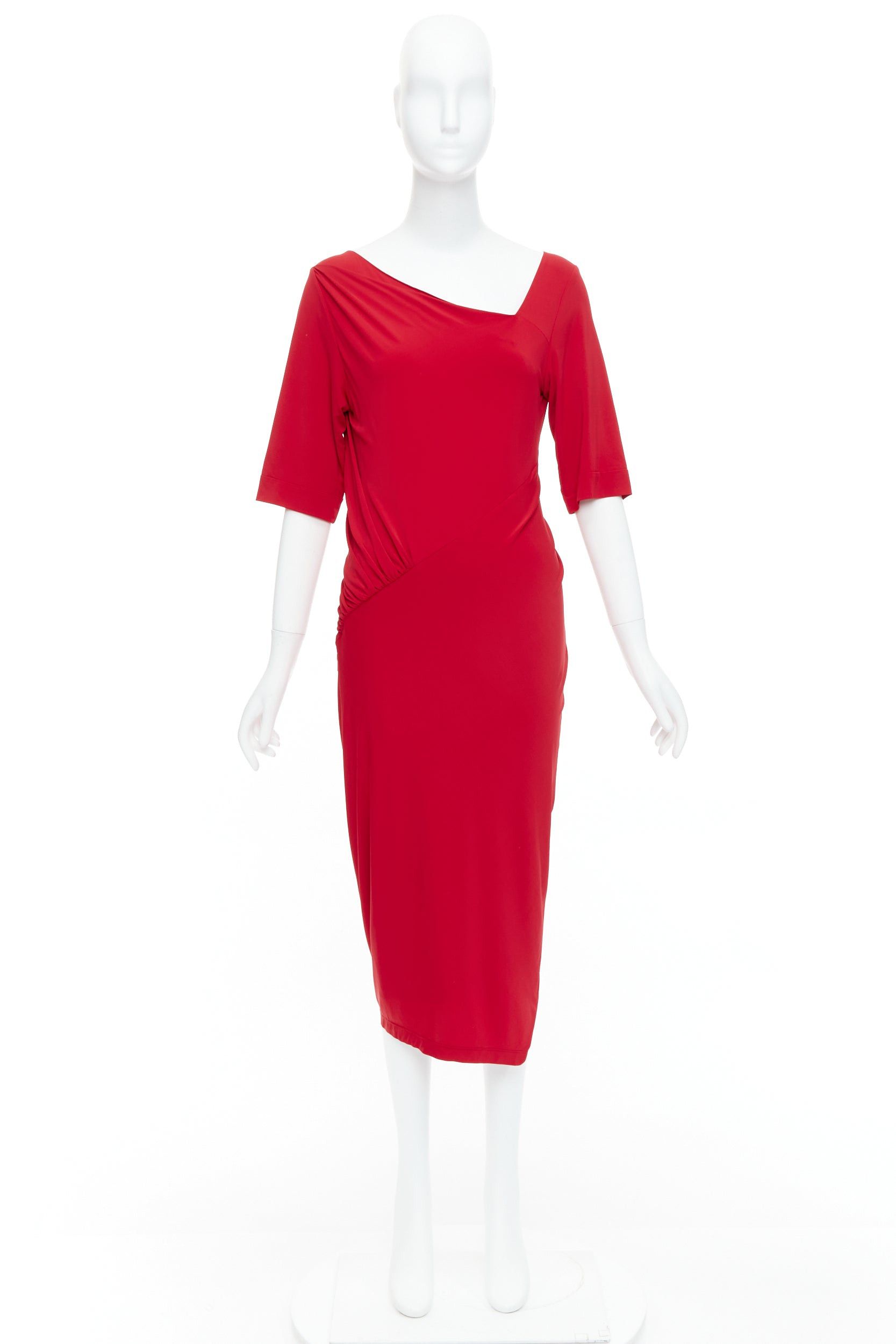 Donna Karan DONNA KARAN red asymmetric neck tuck draped midi dress L Size M / US 6-8 / IT 42-44 - 9 Thumbnail