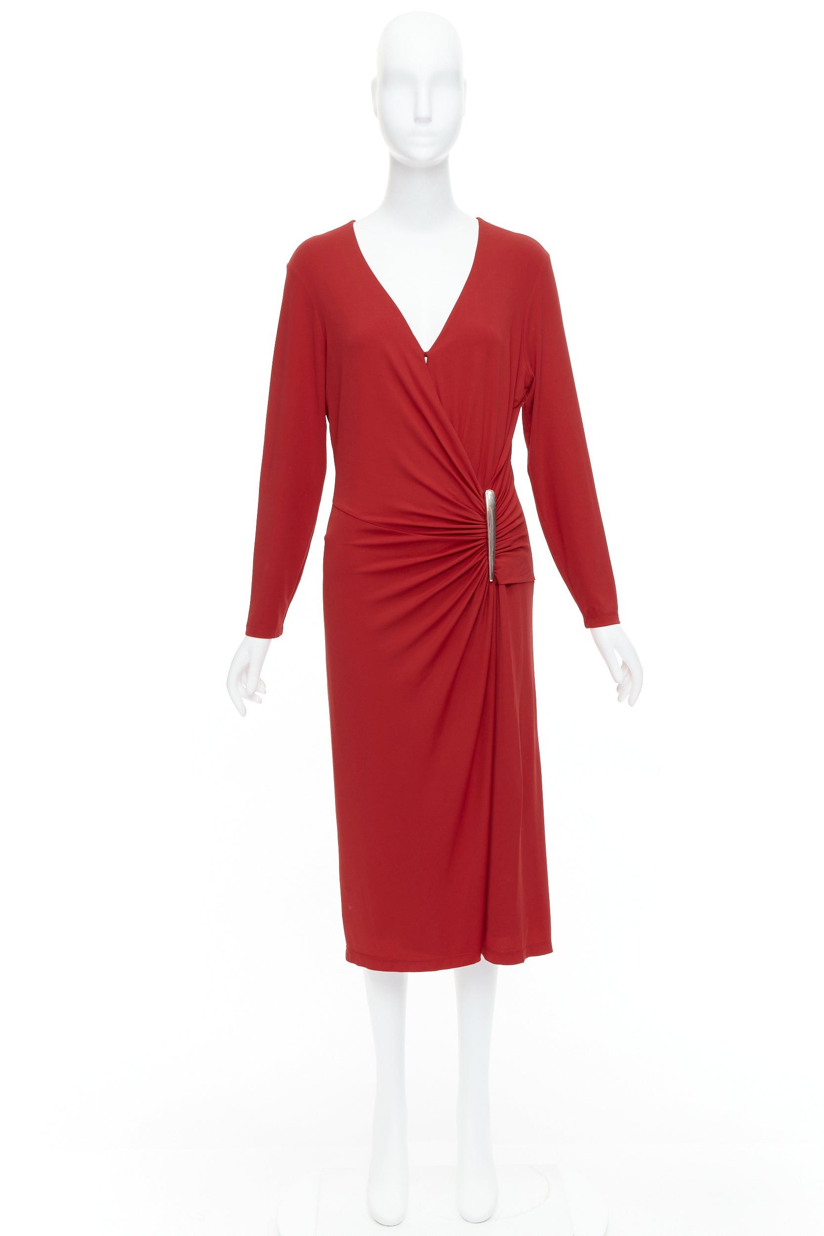 Donna Karan DONNA KARAN Vintage red viscose blend V neck silver buckle drape midi dress L Size M / US 6-8 / IT 42-44 - 10 Thumbnail
